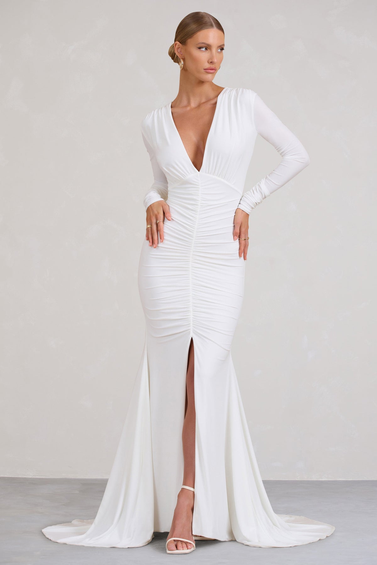 Demure | White Ruched Long-Sleeved Split Fishtail Maxi Dress