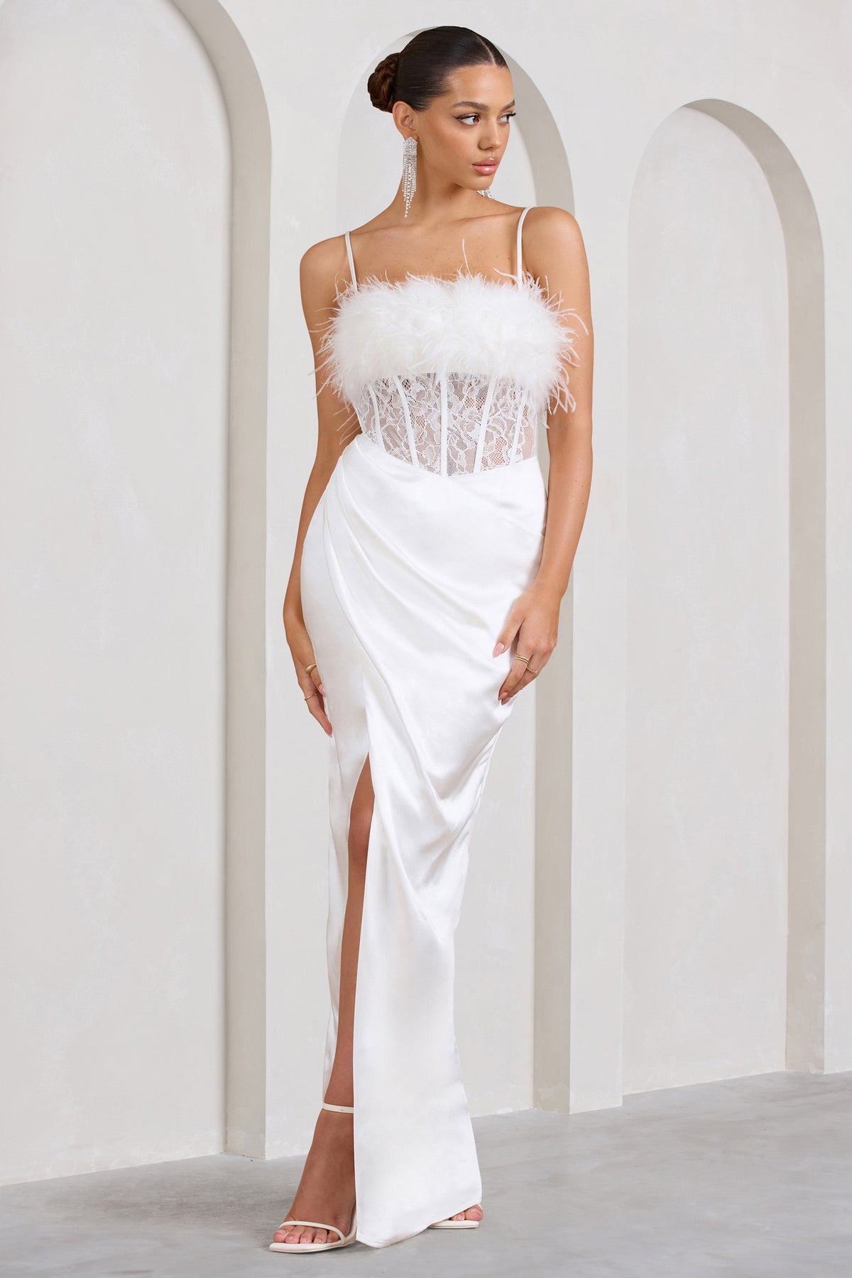 Countess | White Lace Corset Maxi Dress With Feather Trim