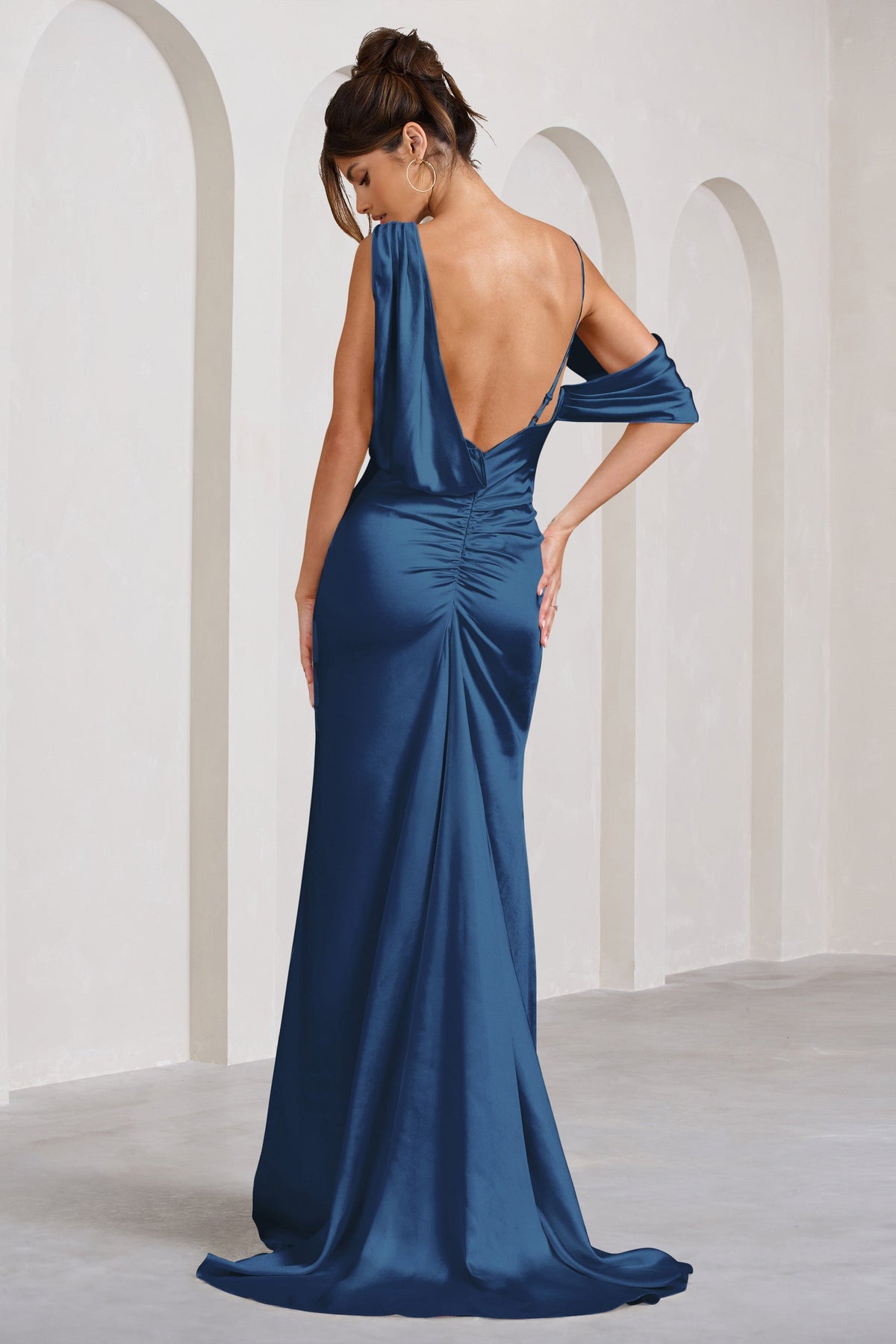 Jayne | Navy Satin Asymmetric Draped Split Maxi Dress