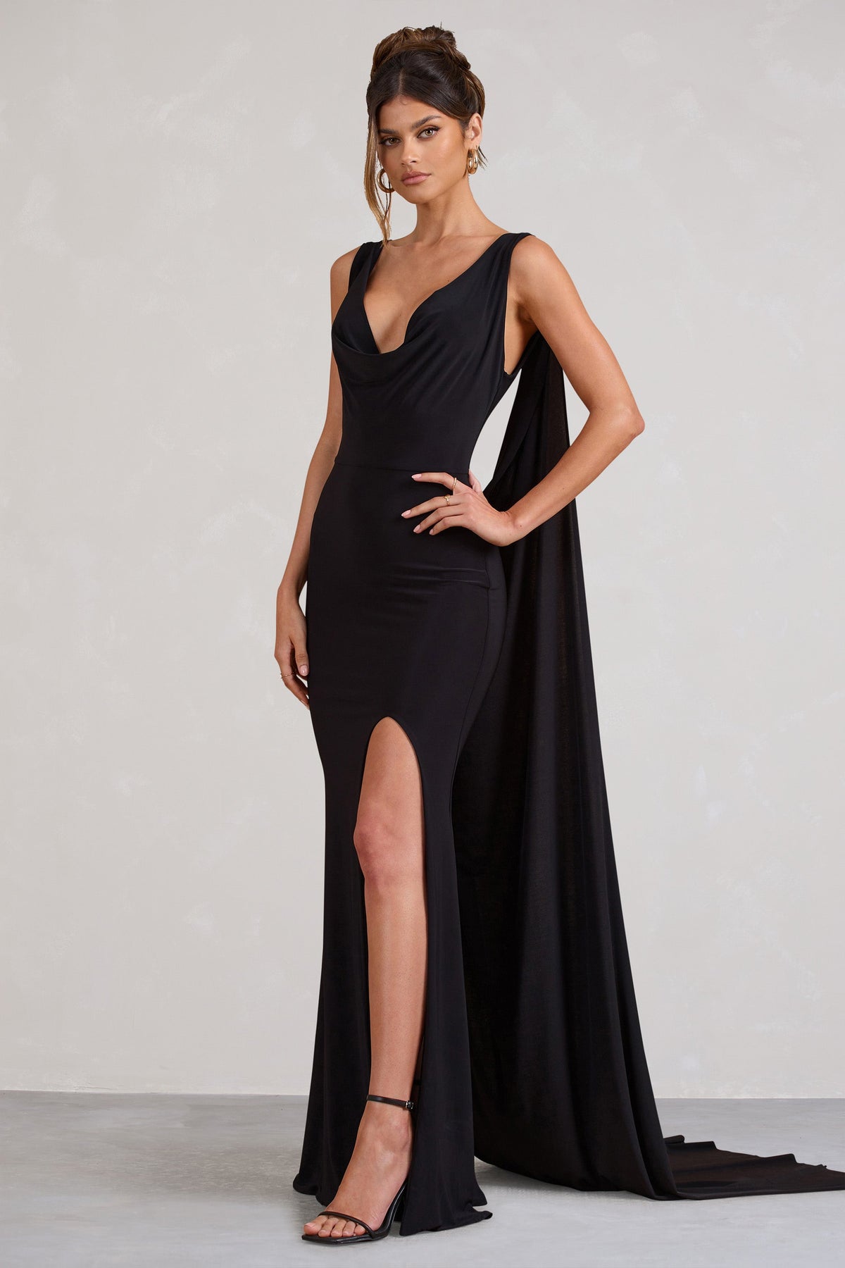 A Toast | Black Split Maxi Dress With Draped Cape