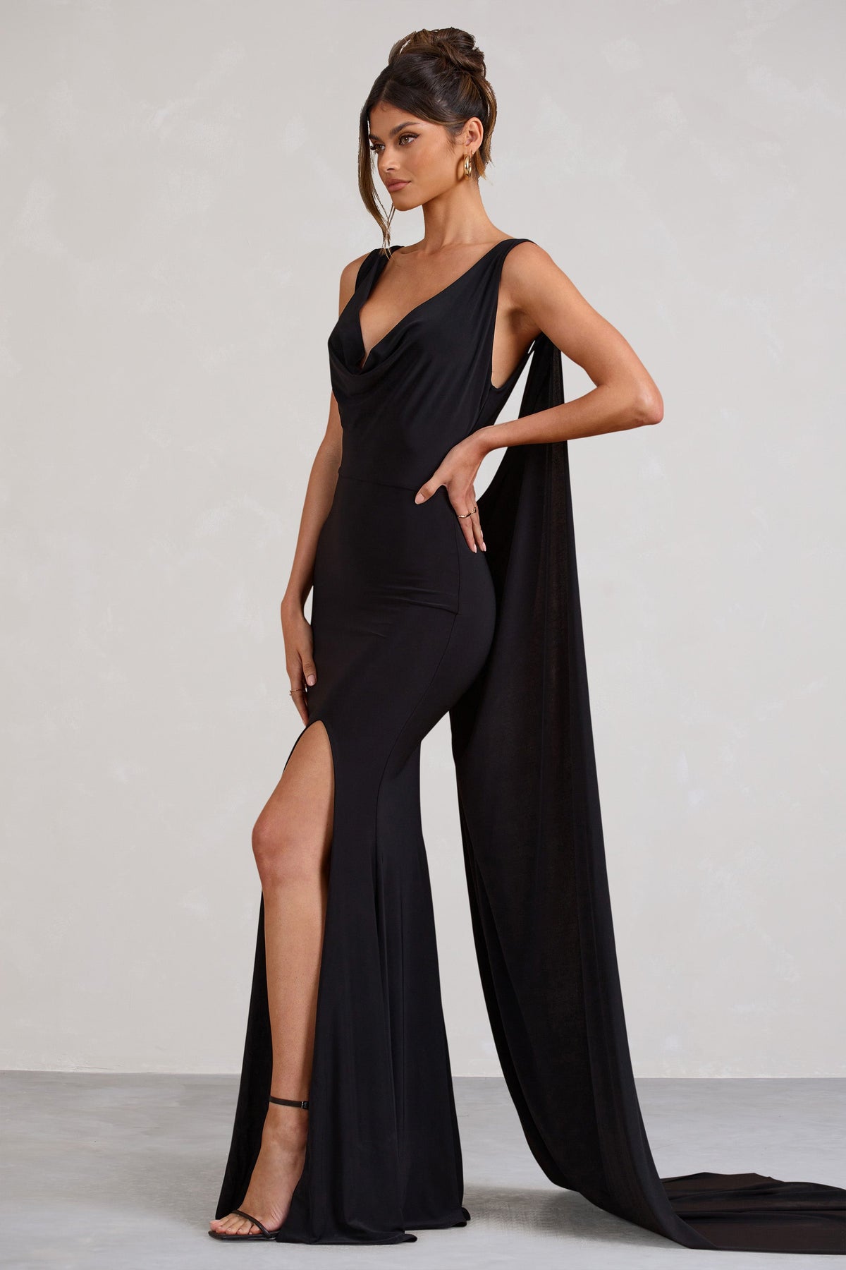 A Toast | Black Split Maxi Dress With Draped Cape