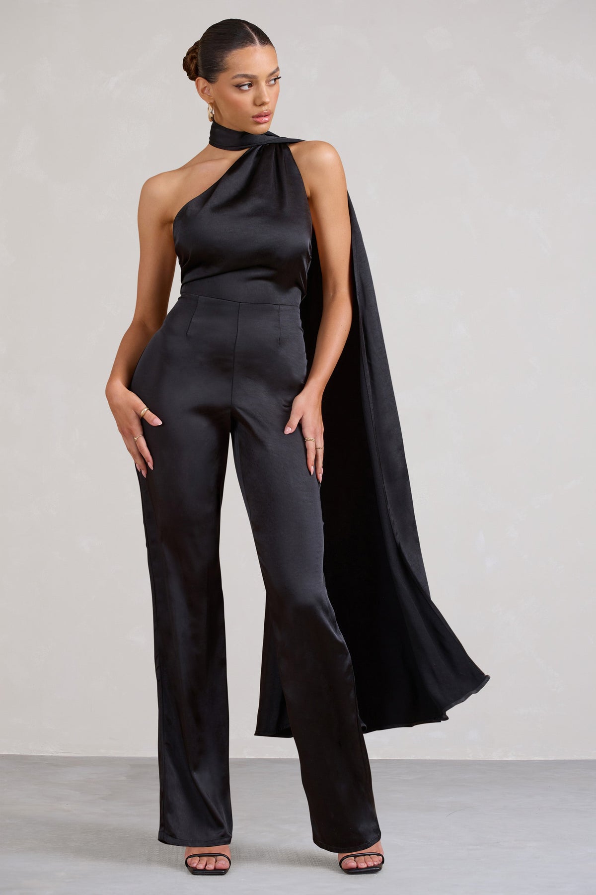 Cascada | Black Satin Wide Leg Jumpsuit With Statement Scarf Neck