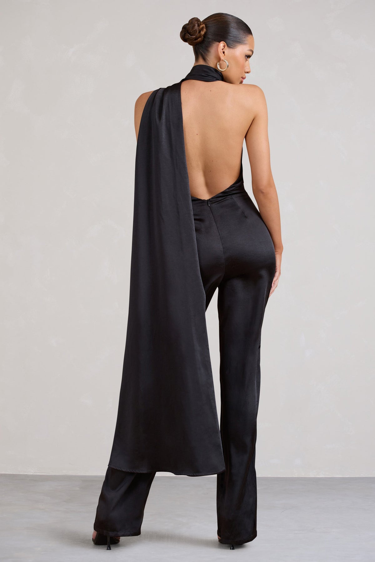 Cascada | Black Satin Wide Leg Jumpsuit With Statement Scarf Neck