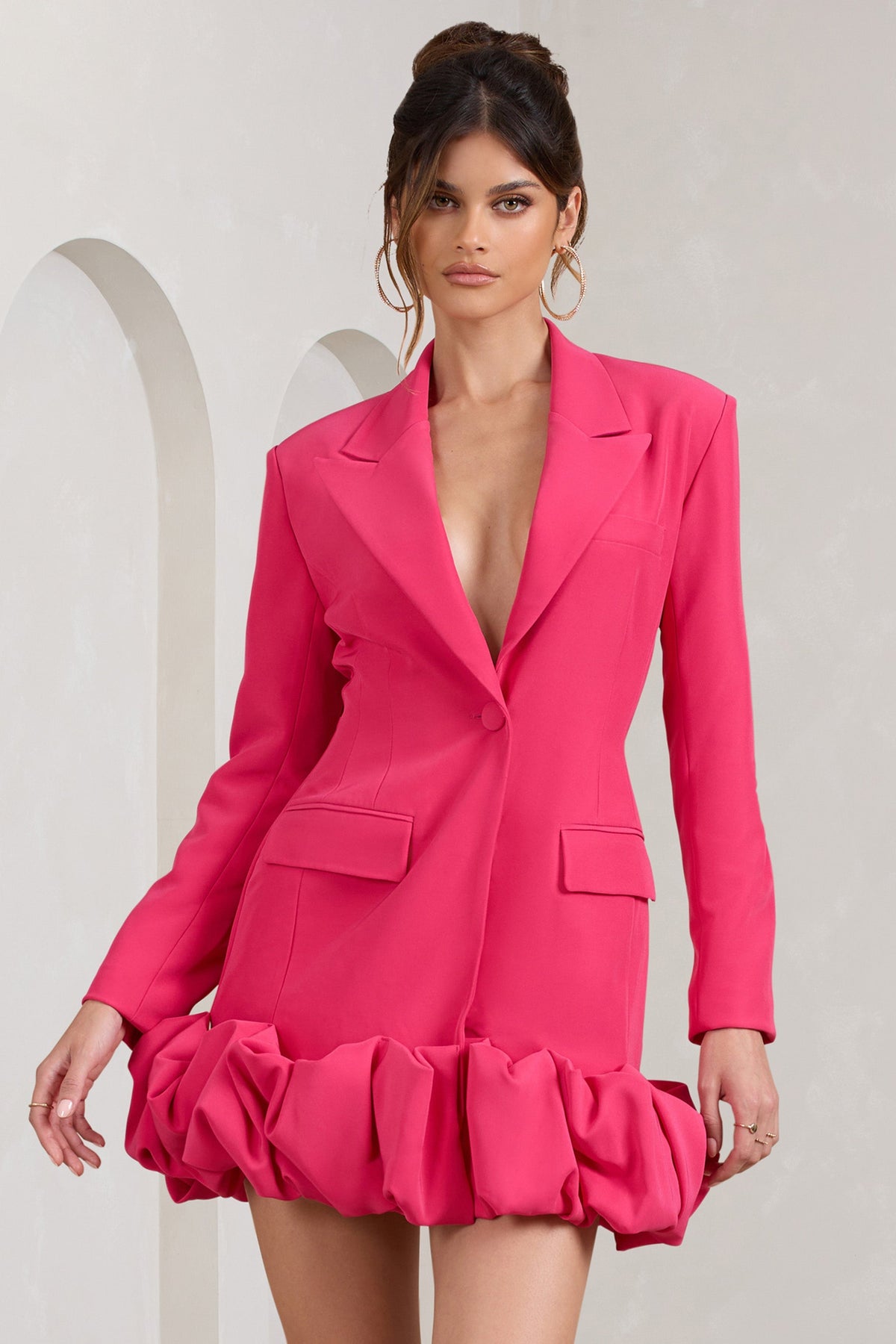 Cloud Catching | Hot Pink Tailored Blazer Mini Dress With Ruffled Hem