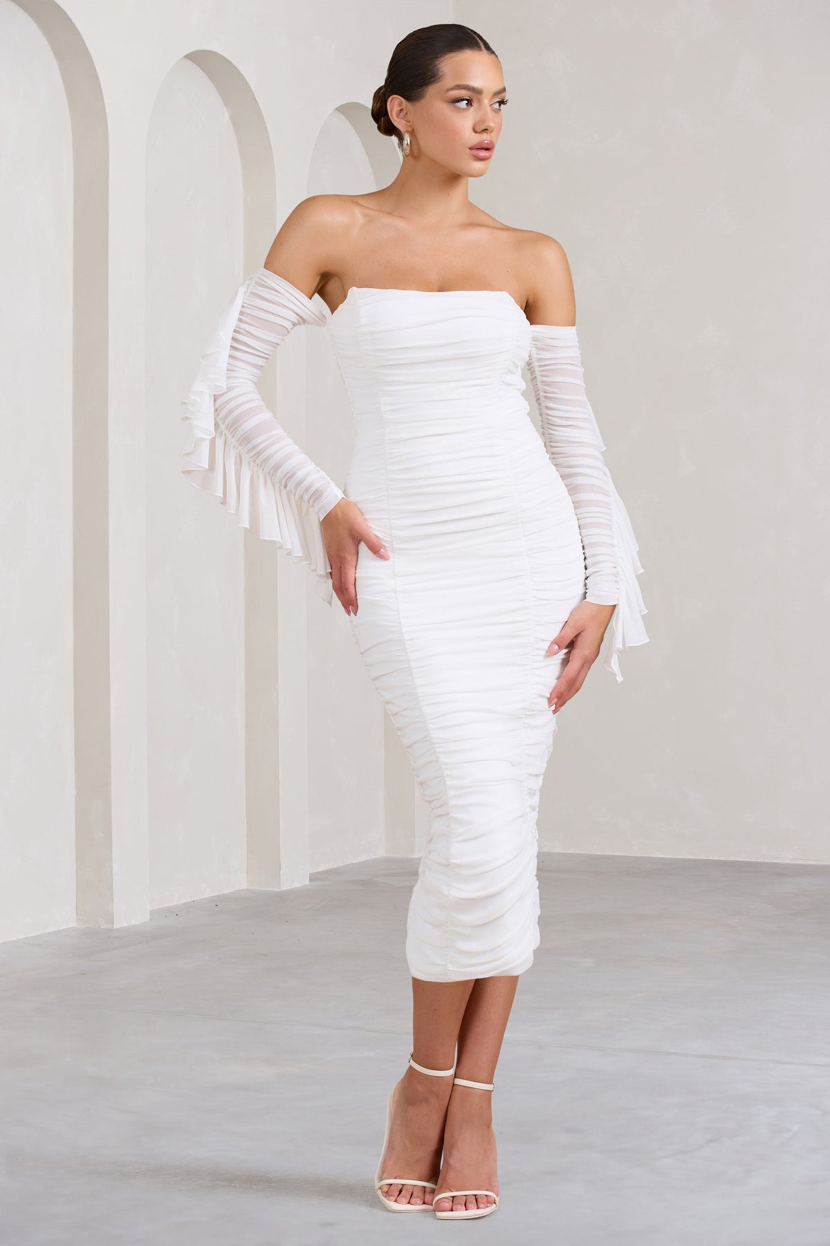 Favor | White Ruched Mesh Bardot Midi Dress