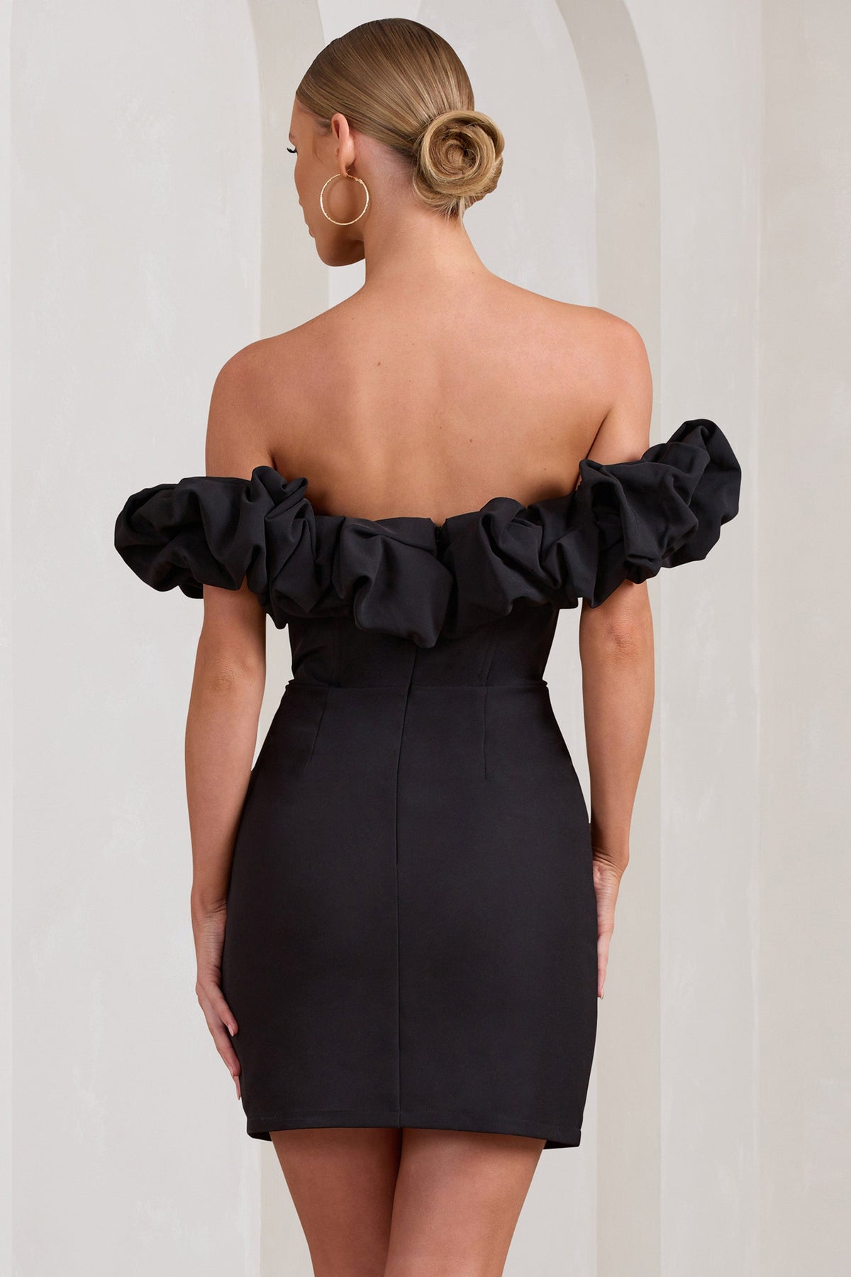 Dawn | Black Ruffled Bardot Mini Dress