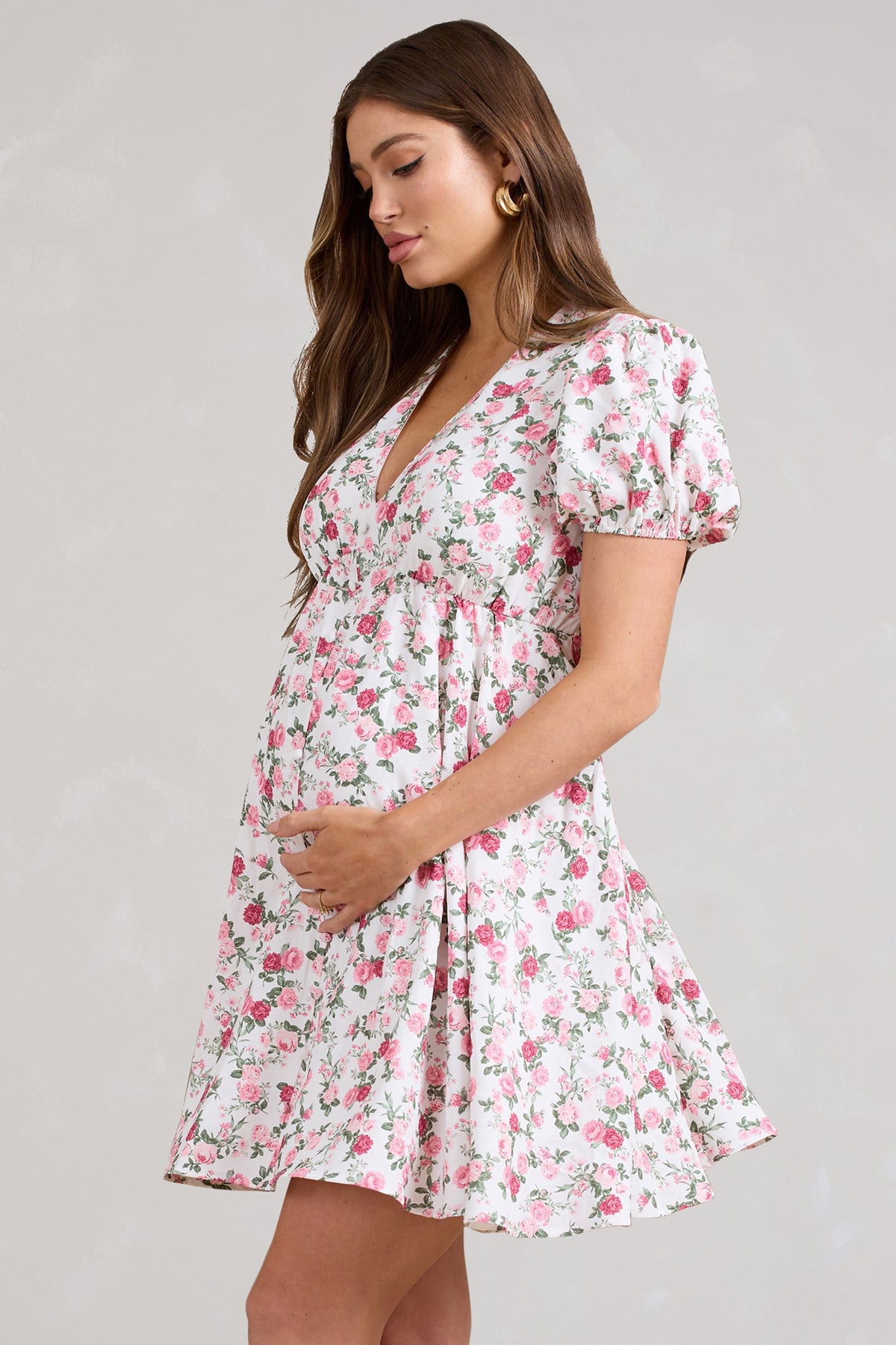 By The Cypress | Pink Floral Maternity V-Neck Puff-Sleeved Buttoned Mini Dress