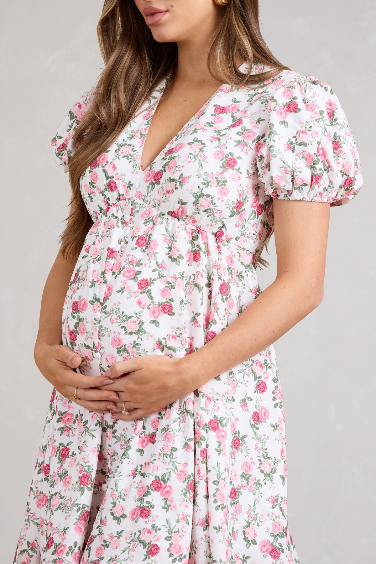 By The Cypress | Pink Floral Maternity V-Neck Puff-Sleeved Buttoned Mini Dress