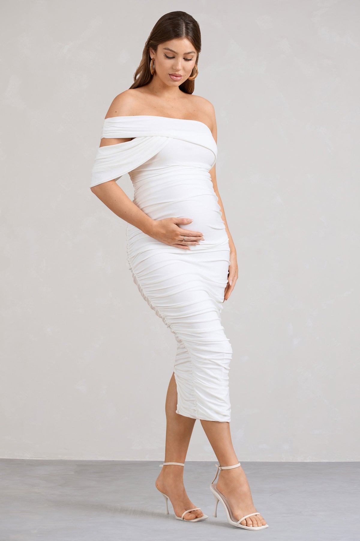 Cici | White Asymmetric Ruched Maternity Midi Dress