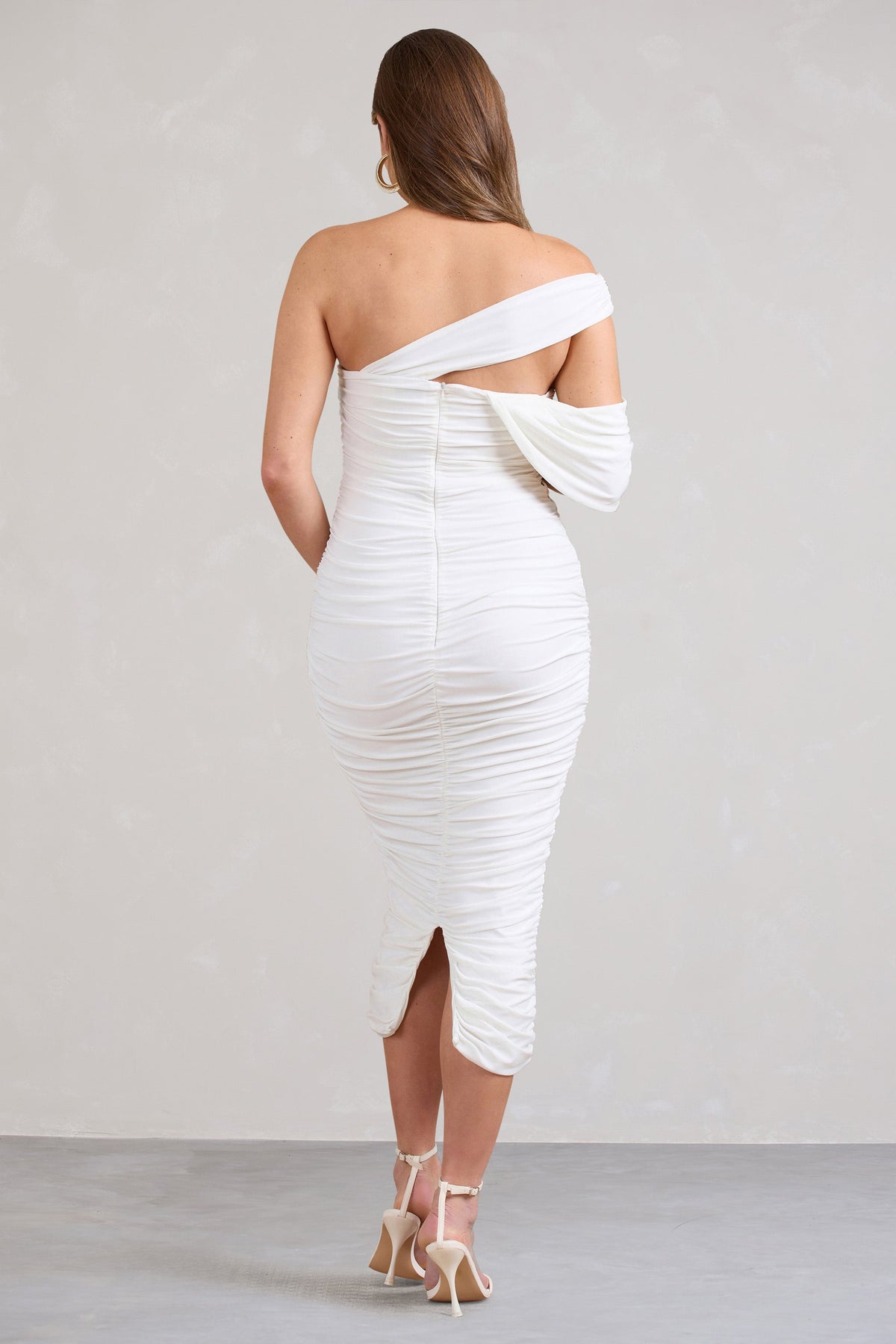 Cici | White Asymmetric Ruched Maternity Midi Dress