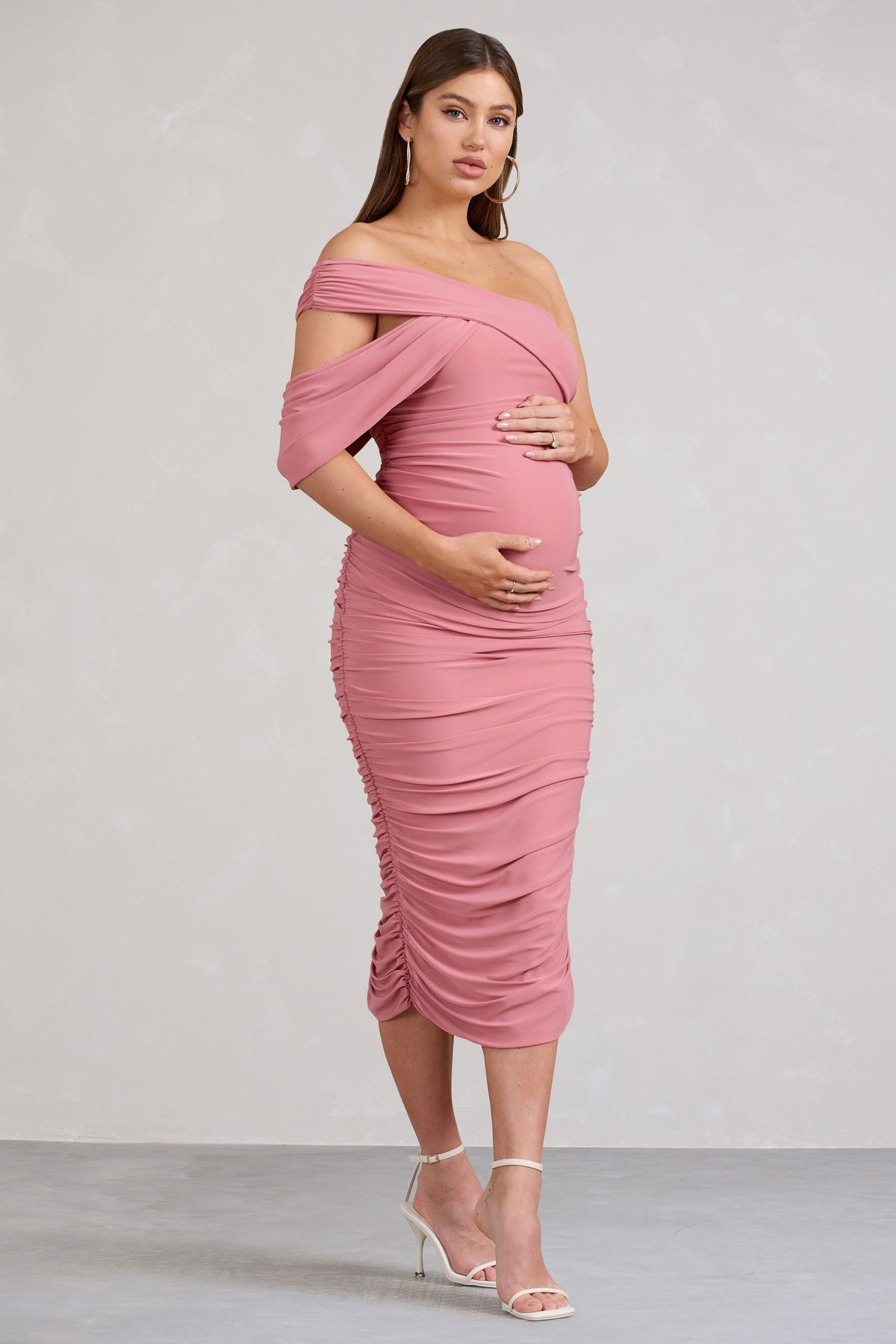 Cici | Blush Pink Asymmetric Ruched Maternity Midi Dress