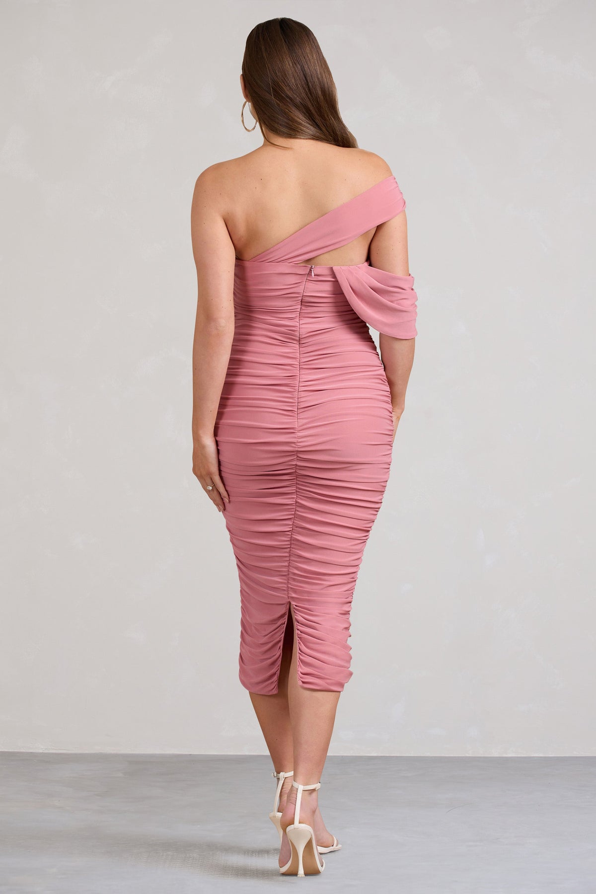 Cici | Blush Pink Asymmetric Ruched Maternity Midi Dress