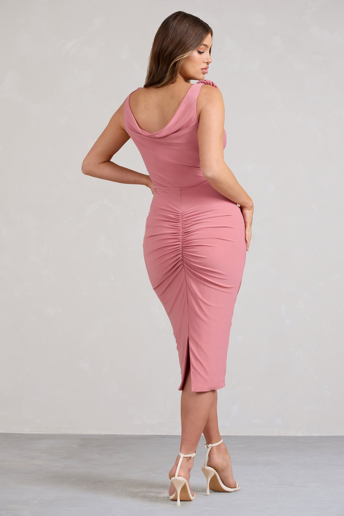 Rosy | Pink Cowl-Neck Maternity Midi Dress With Flowers