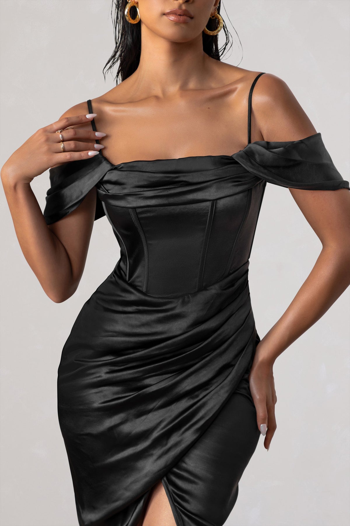 Deserving | Black Satin Bardot Sleeve Corset Wrap Midi Dress