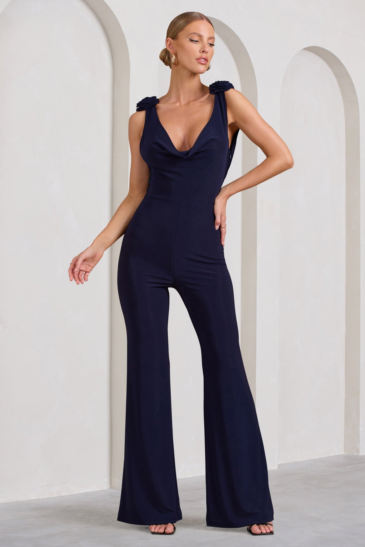 Posy | Navy Cowl-Neck Jumpsuit With Corsages And Lace Detail