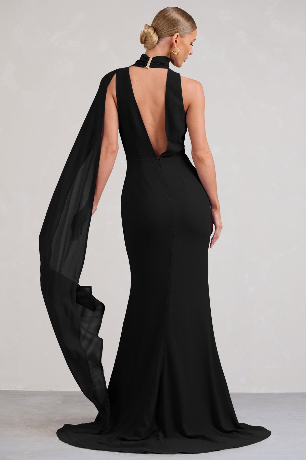 Whimsical | Black Chiffon Plunge Fishtail Maxi Dress With Scarf Design