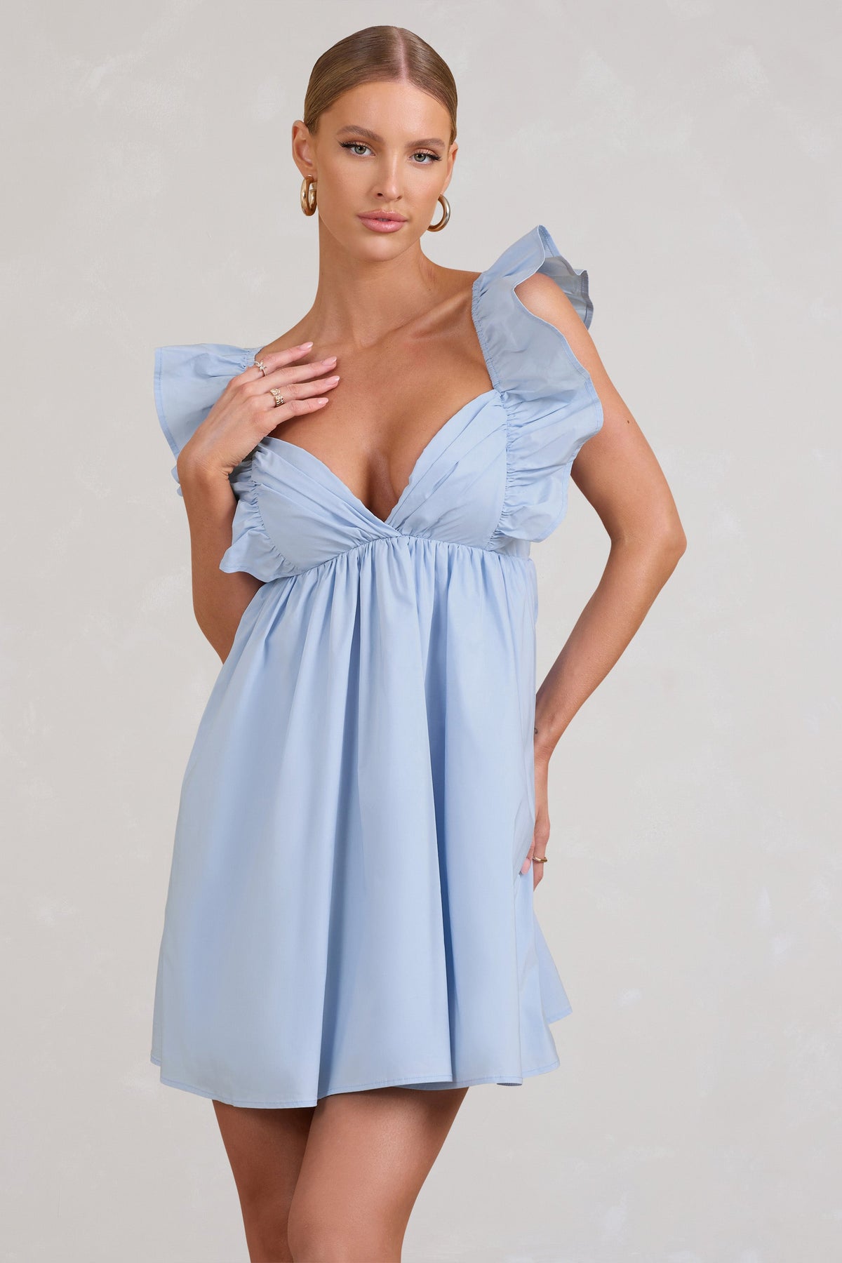 Let's Laze | Blue Poplin Smocked Mini Dress With Frilled Straps