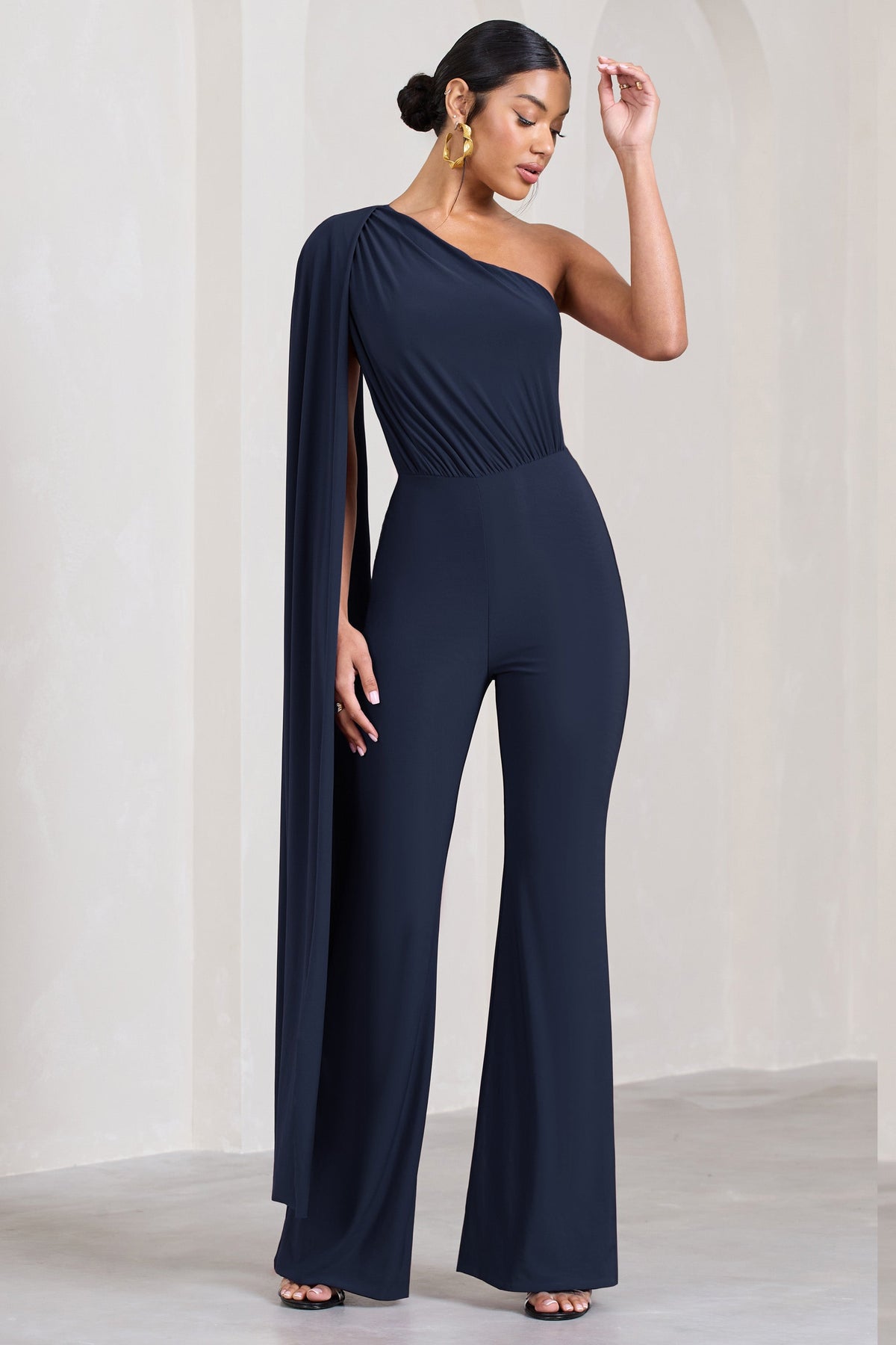 Aurora | Navy One Shoulder Cape Sleeve Jumpsuit