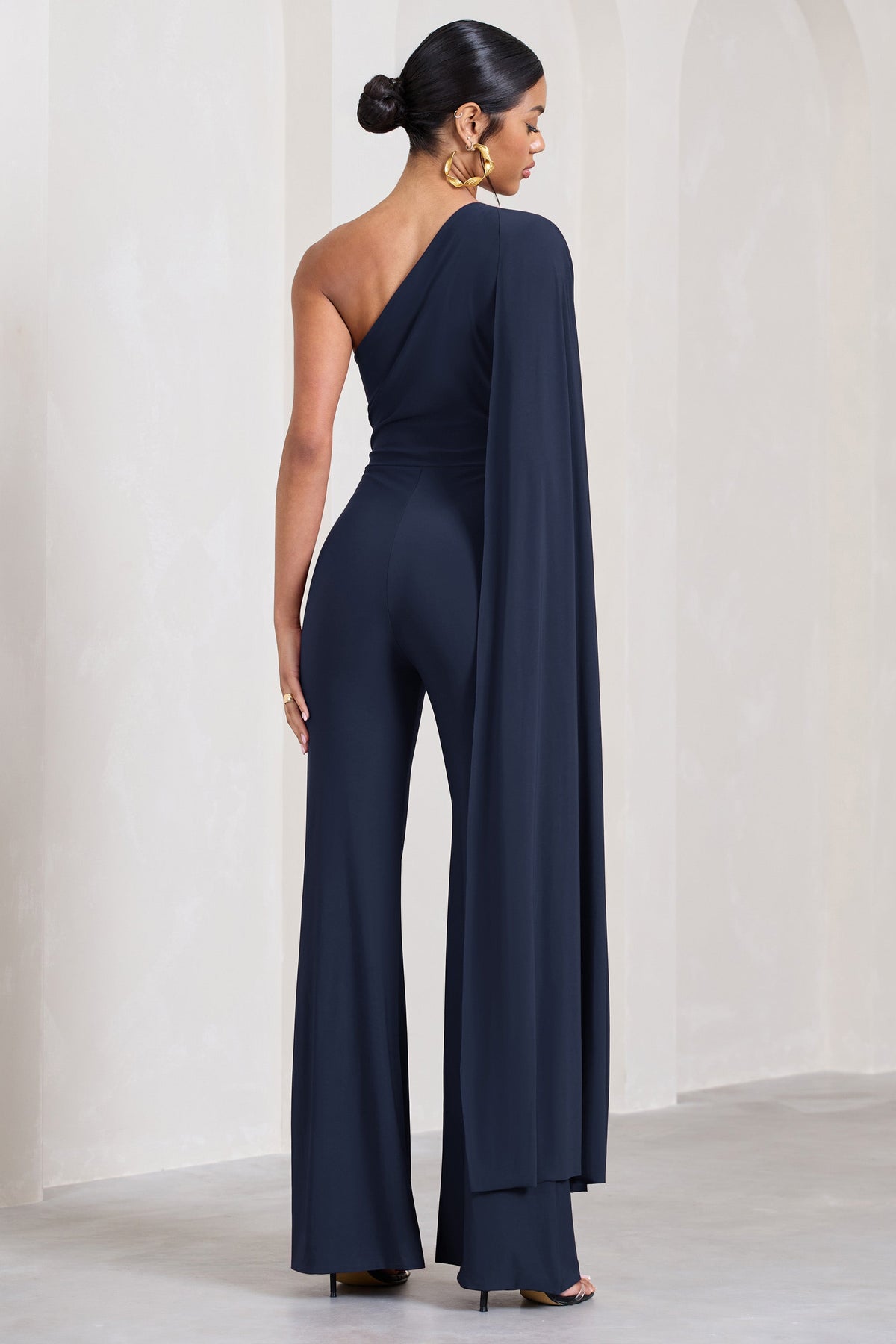 Aurora | Navy One Shoulder Cape Sleeve Jumpsuit