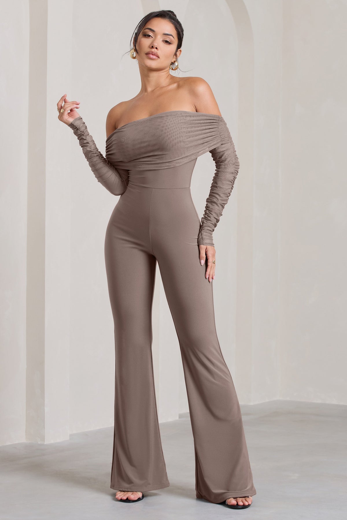 Whisper | Mocha Ruched Mesh Bardot Jumpsuit