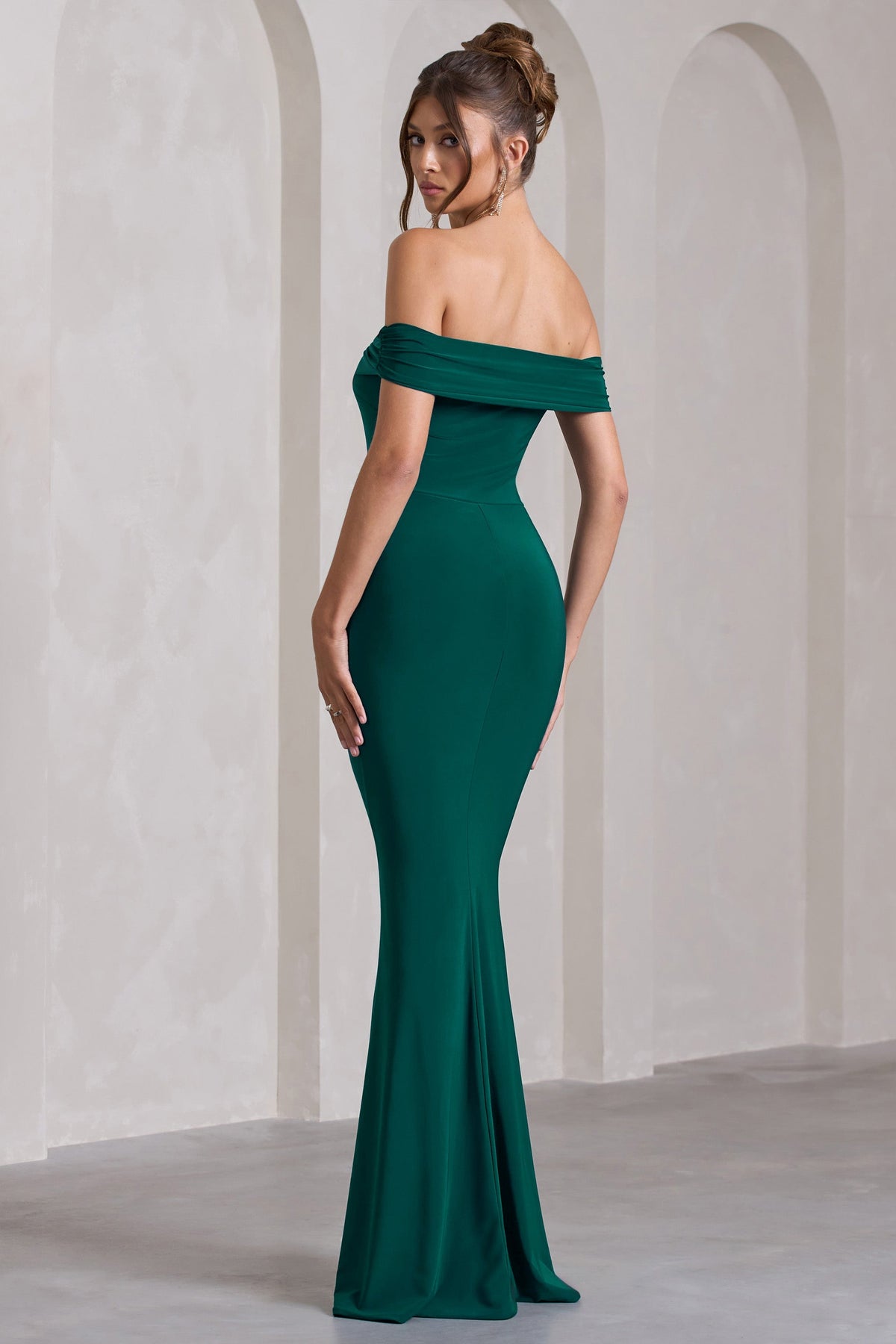 Law of Attraction | Bottle Green Bardot Draped Split Maxi Dress