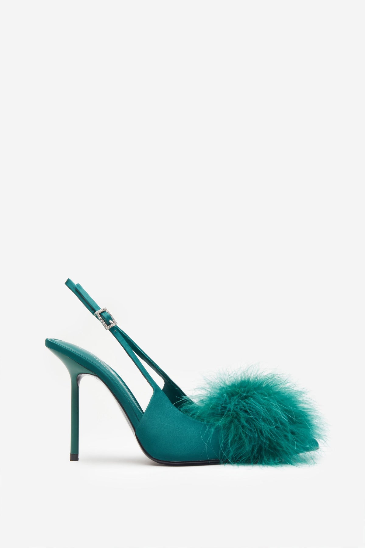 High Pitched | Green Satin Sling Back Heels With Pom Poms