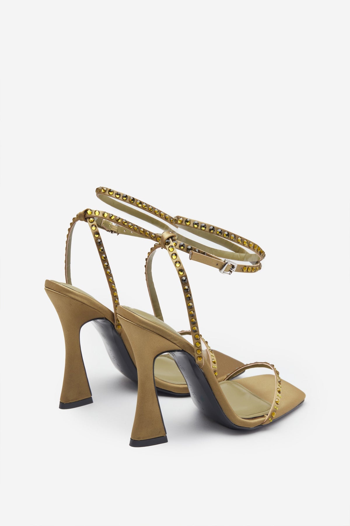 Nostalgia | Olive Green Satin Heeled Sandals With Diamante Straps