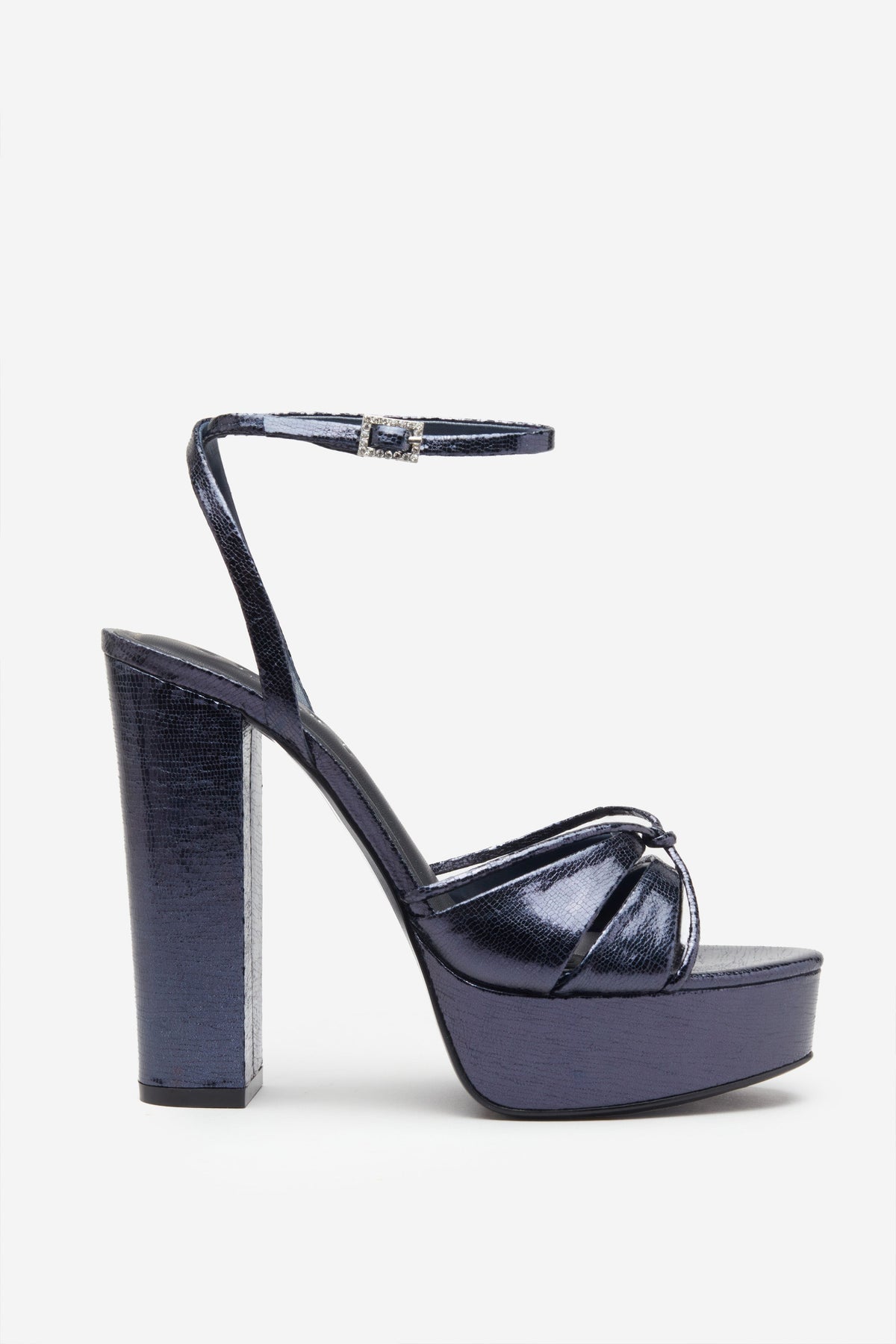 Bold Soul | Navy Strappy Heeled Platform Sandals With Diamante Buckles