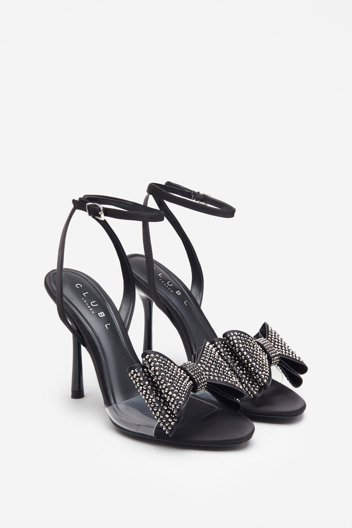 Bowing | Black Satin Heeled Sandals With Diamante Bows