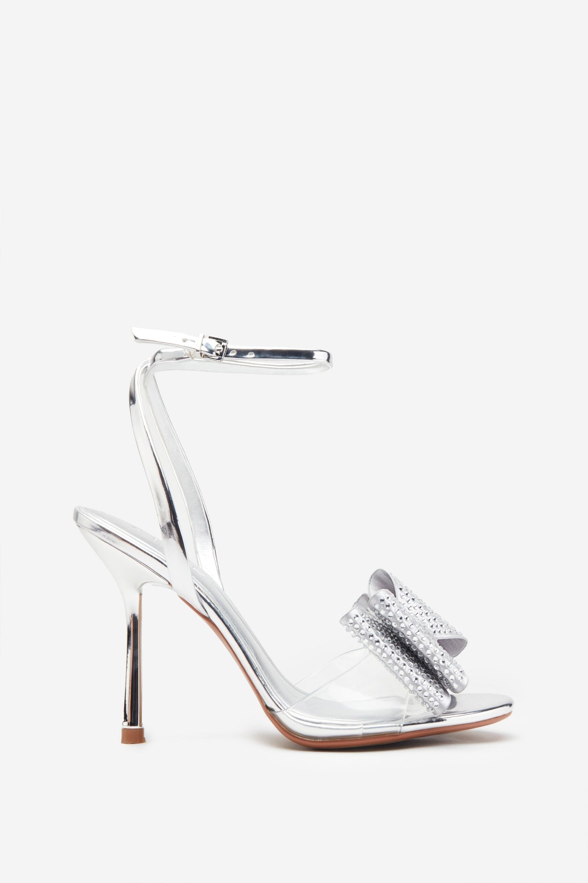 Bowing | Silver Metallic Heeled Sandals With Diamante Bows