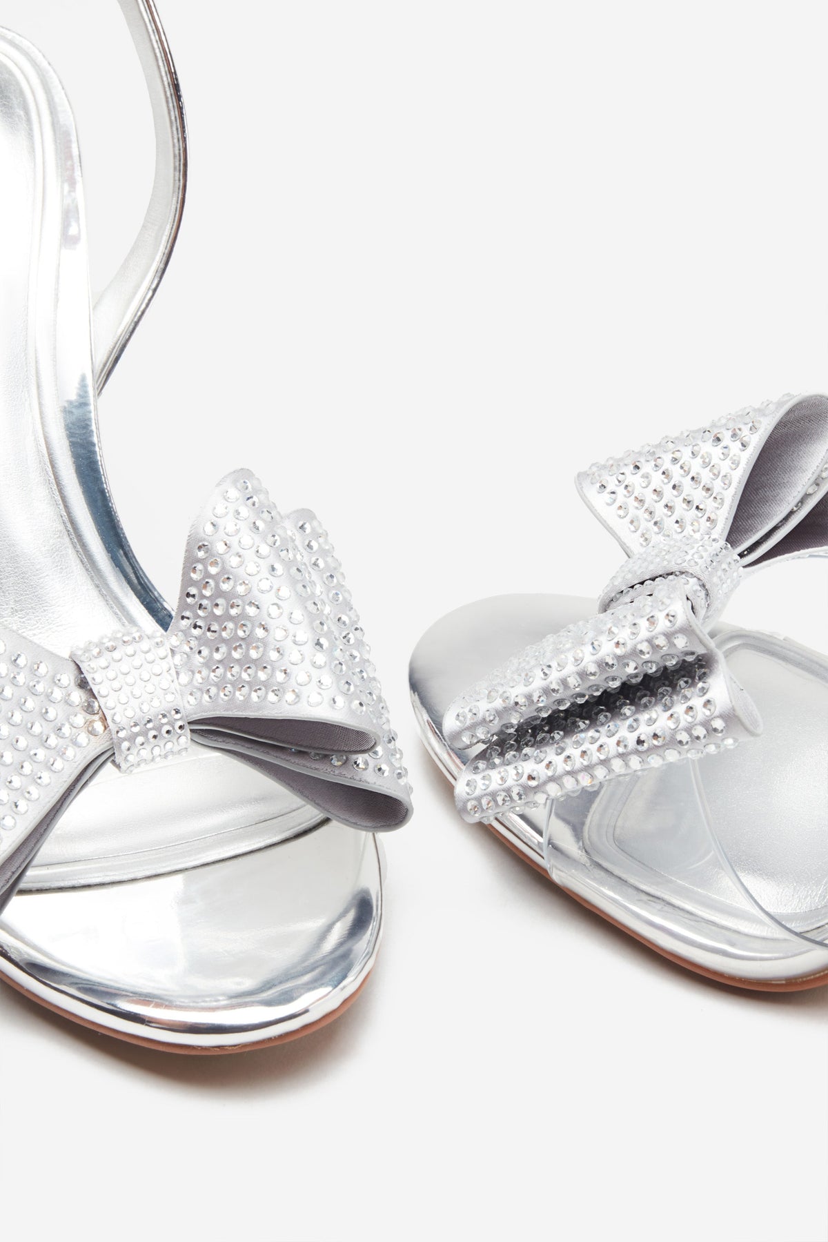 Bowing | Silver Metallic Heeled Sandals With Diamante Bows