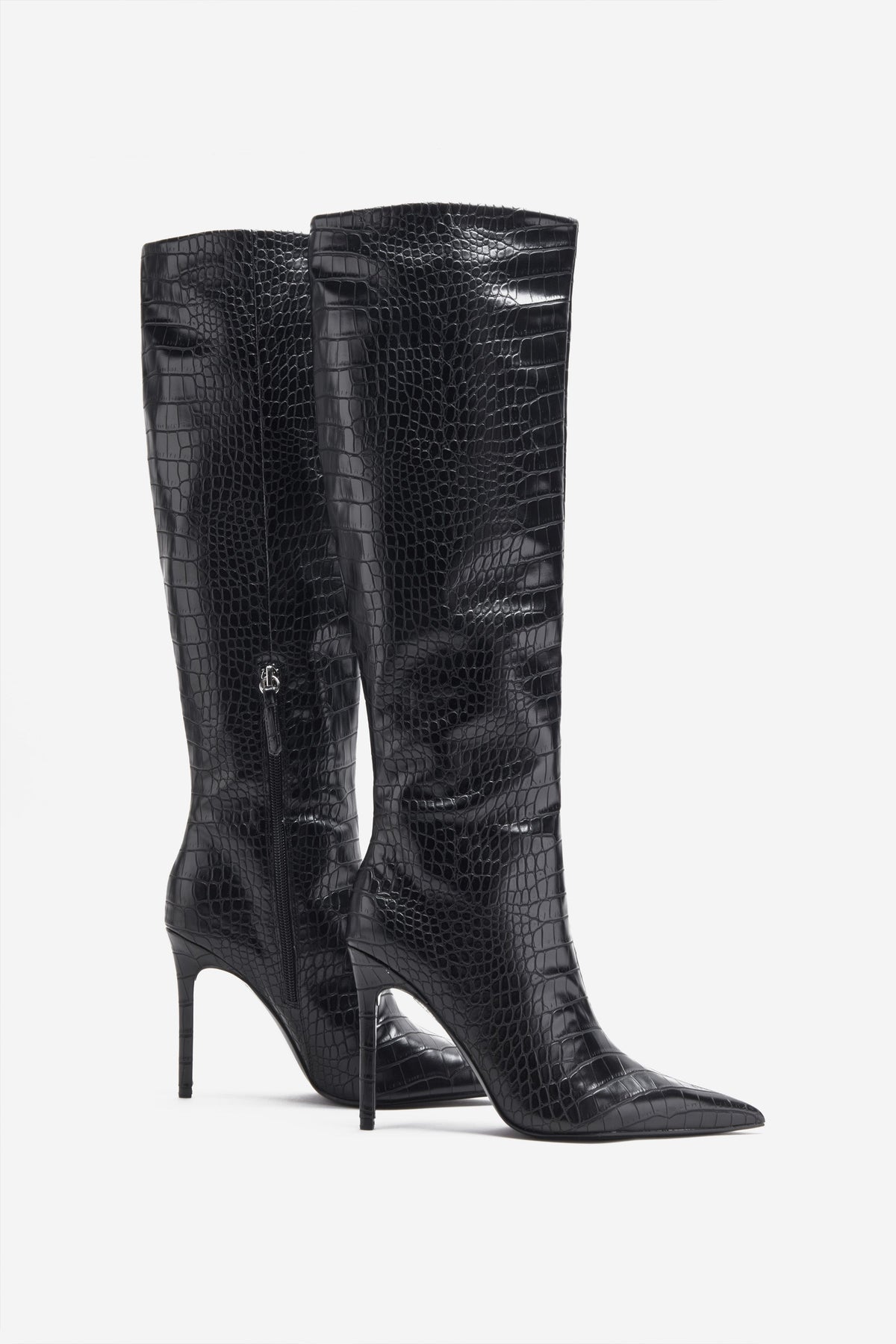 Uptown | Black Croc Fitted Over-Knee Pointed Heeled Boots