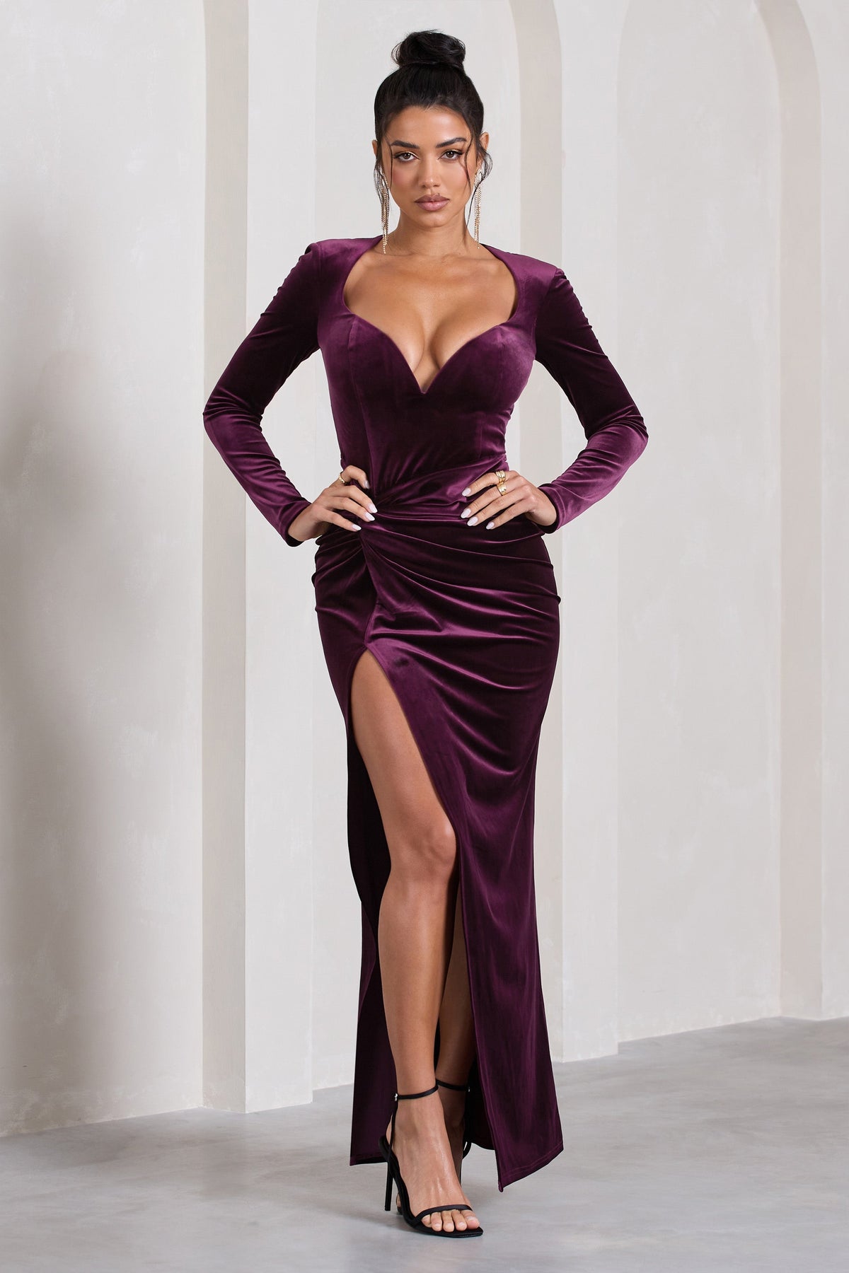 dark purple club dress Zelda Side Slit Velvet Sequin Gown
