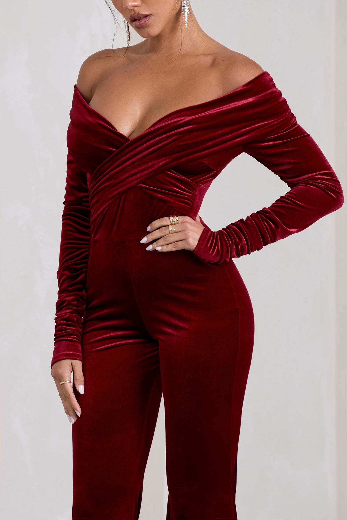 Borealis | Berry Velvet Long-Sleeved Bardot Jumpsuit