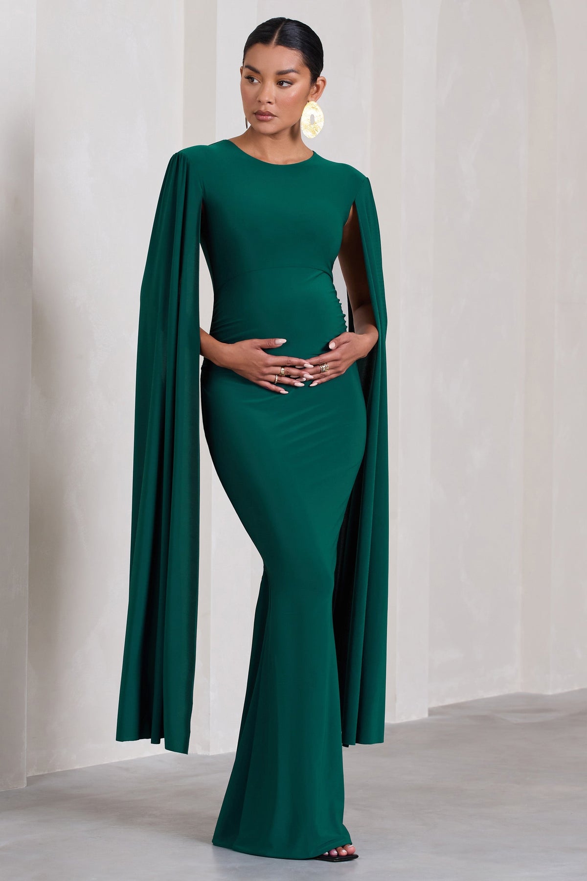 Divine Timing | Bottle Green Maternity Maxi Dress With Cape Sleeves