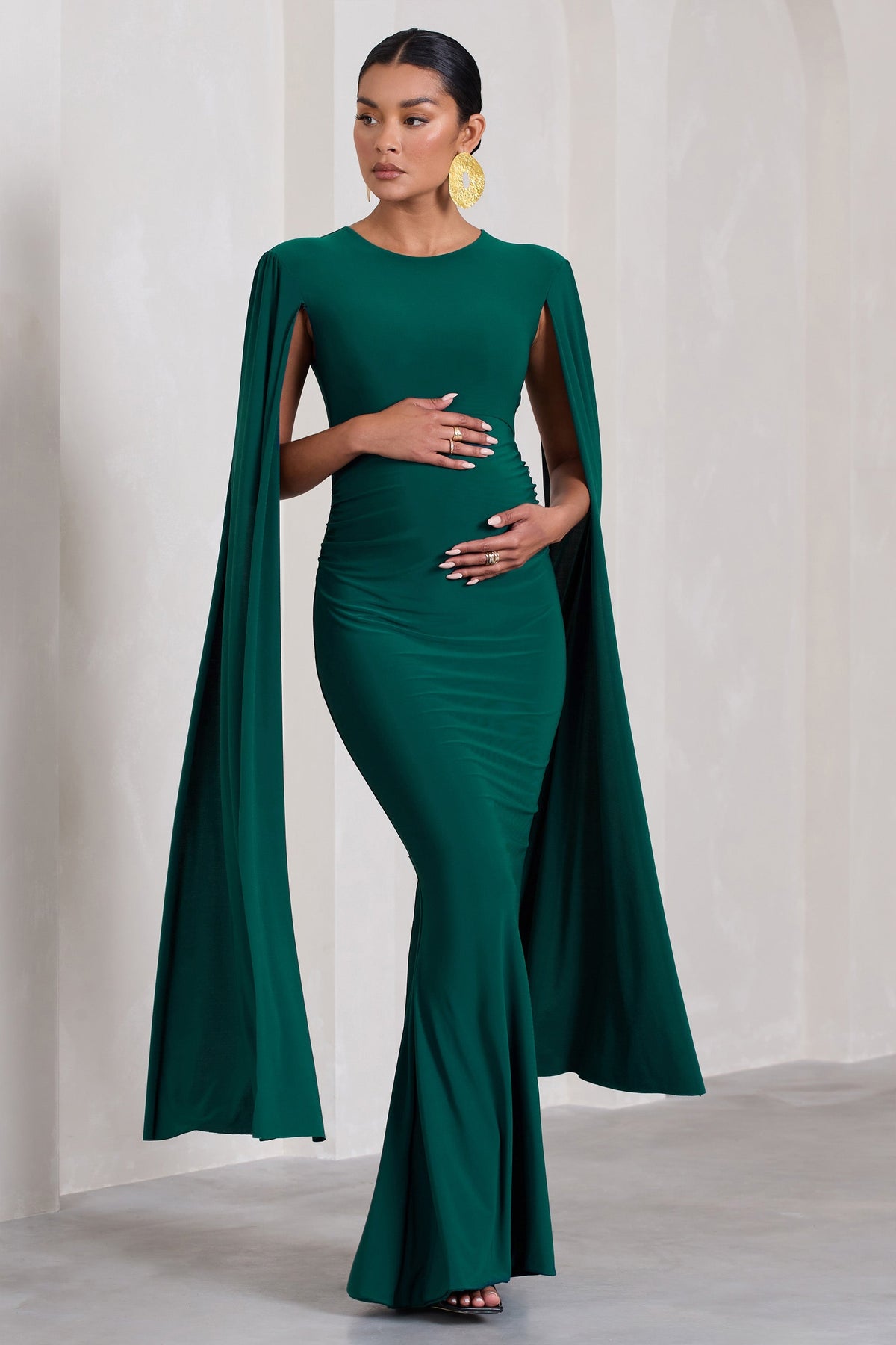 Divine Timing | Bottle Green Maternity Maxi Dress With Cape Sleeves