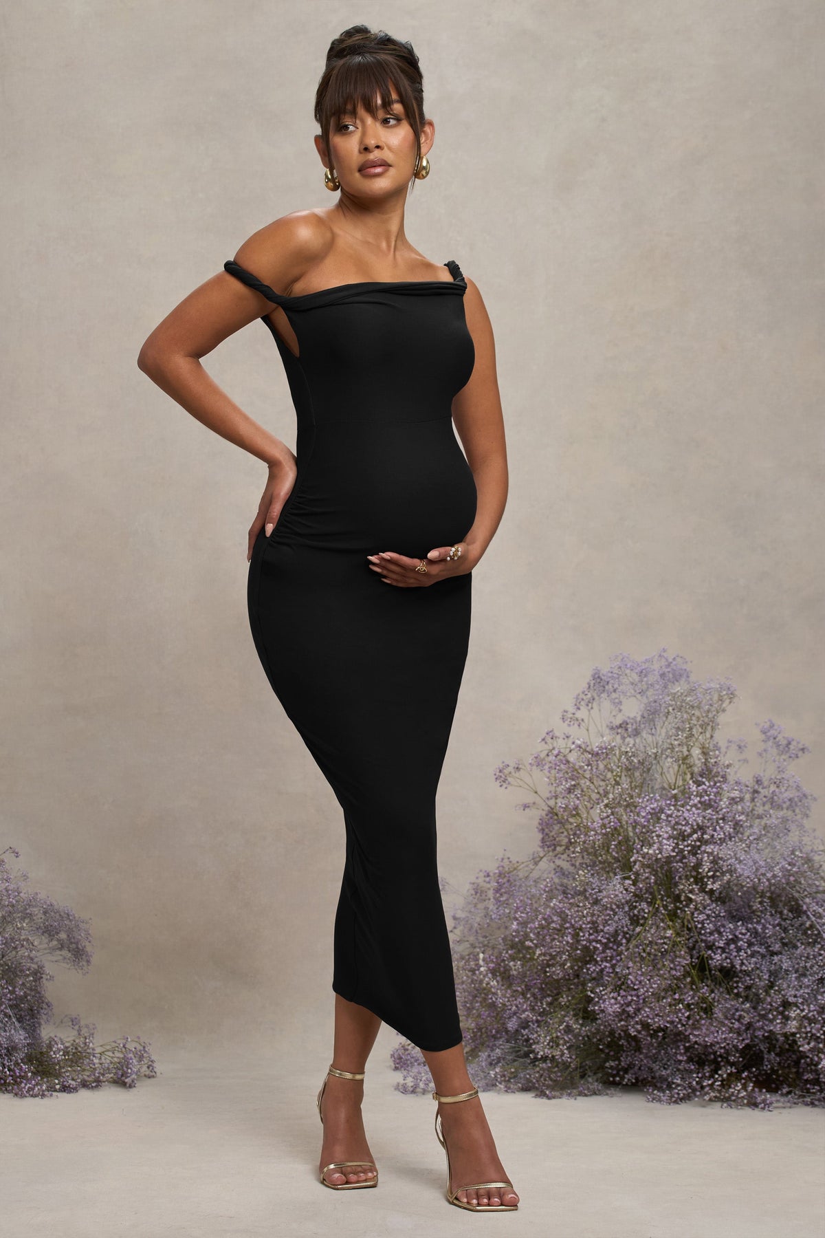 Salome | Black Twisted Asymmetric Maternity Midi Dress