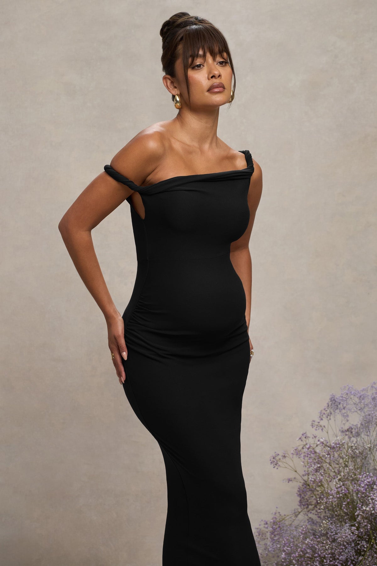 Salome | Black Twisted Asymmetric Maternity Midi Dress