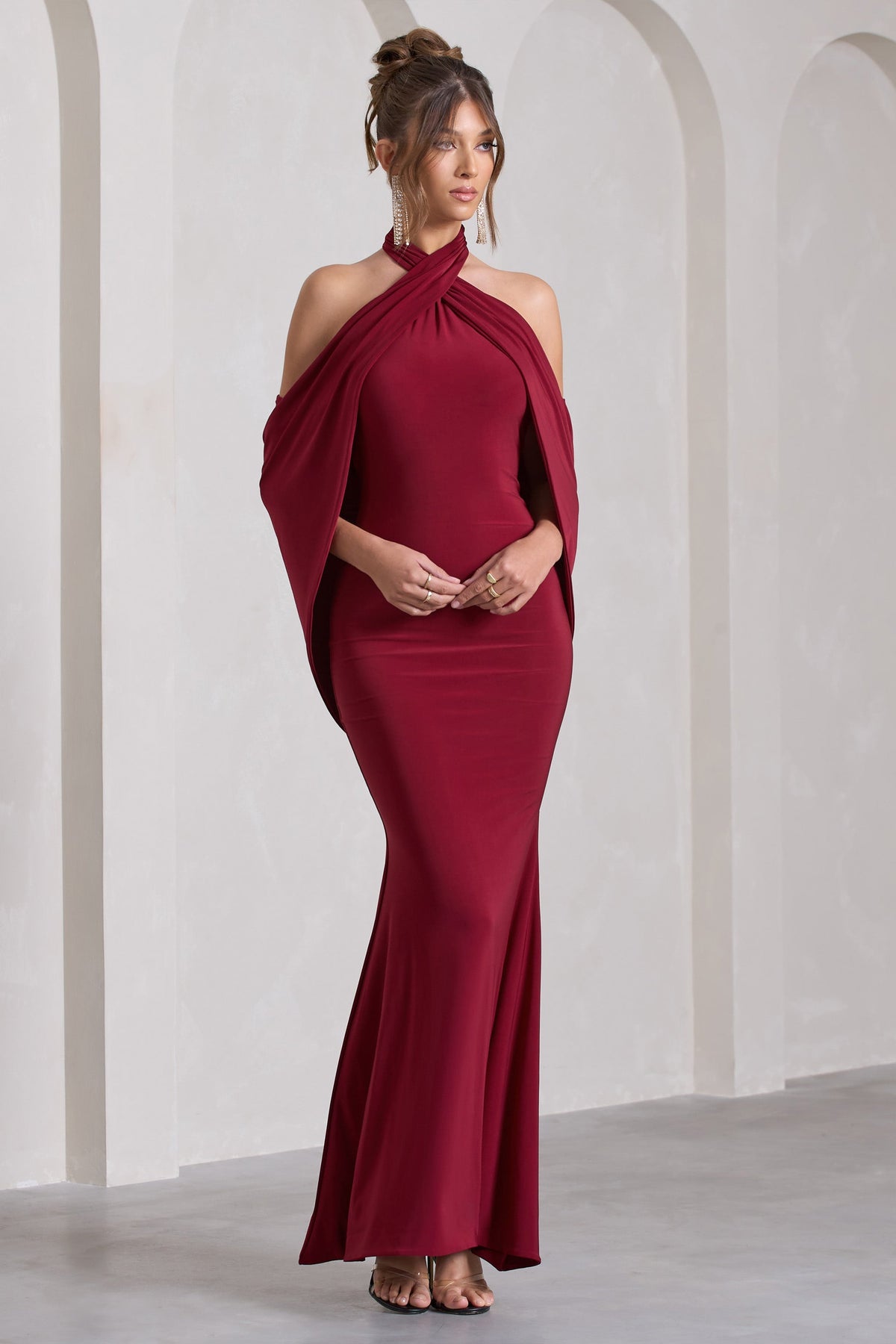 Revelation | Berry Red Crossed Halter-Neck Fishtail Maxi Dress With Cape