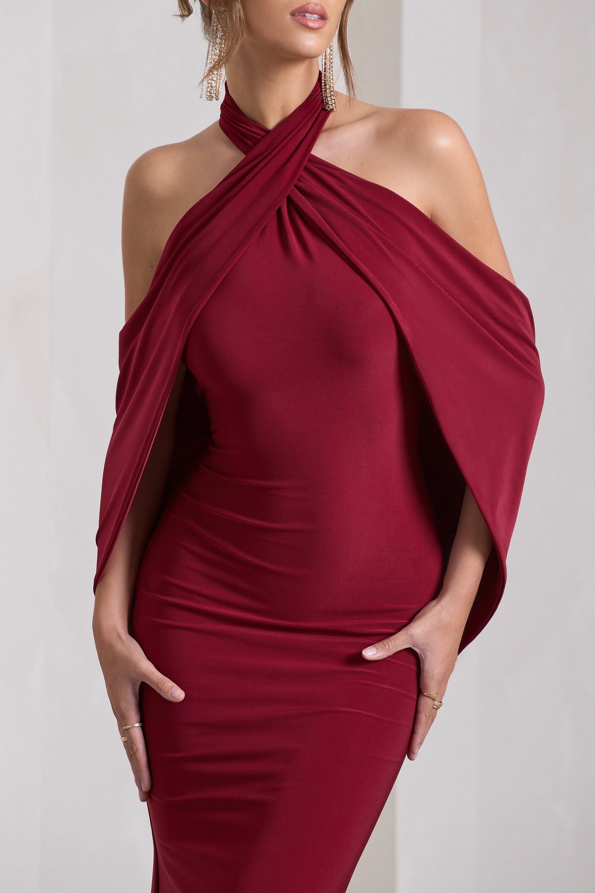 Revelation | Berry Red Crossed Halter-Neck Fishtail Maxi Dress With Cape