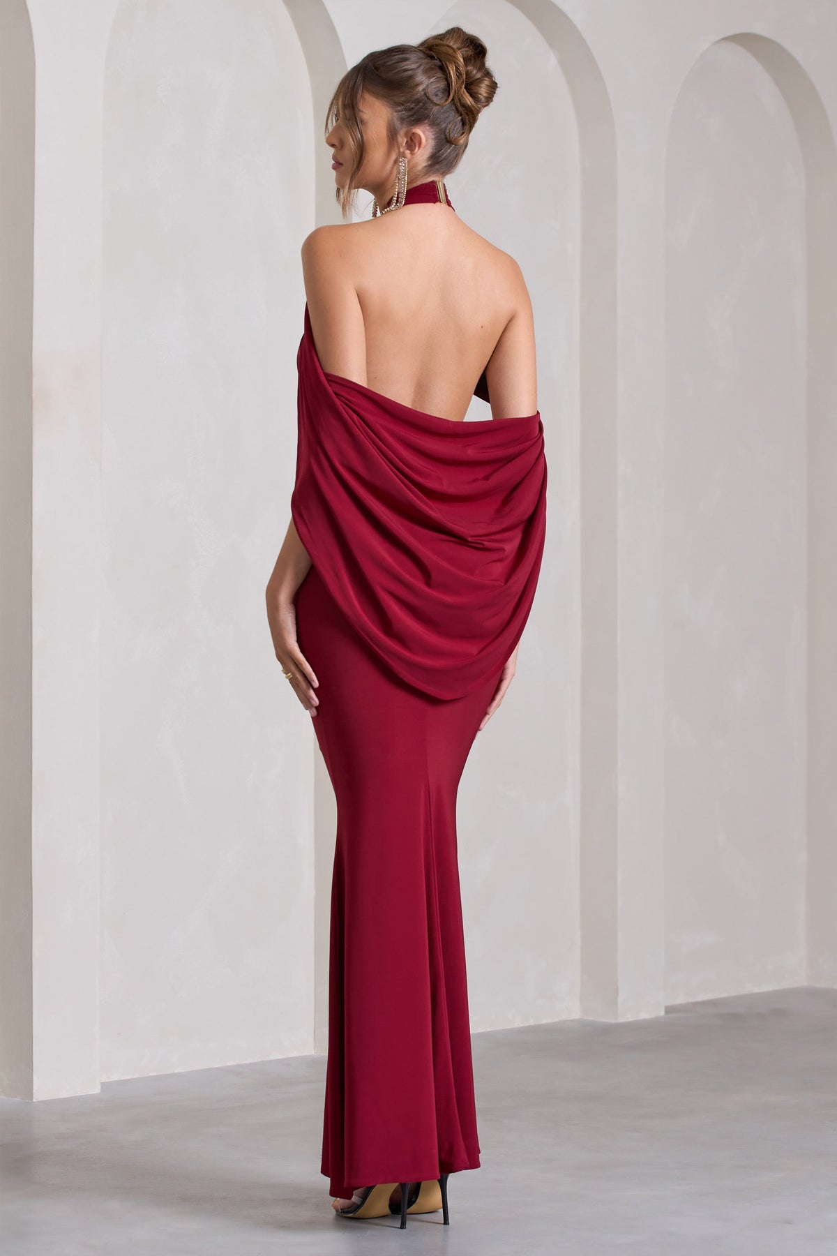 Revelation | Berry Red Crossed Halter-Neck Fishtail Maxi Dress With Cape