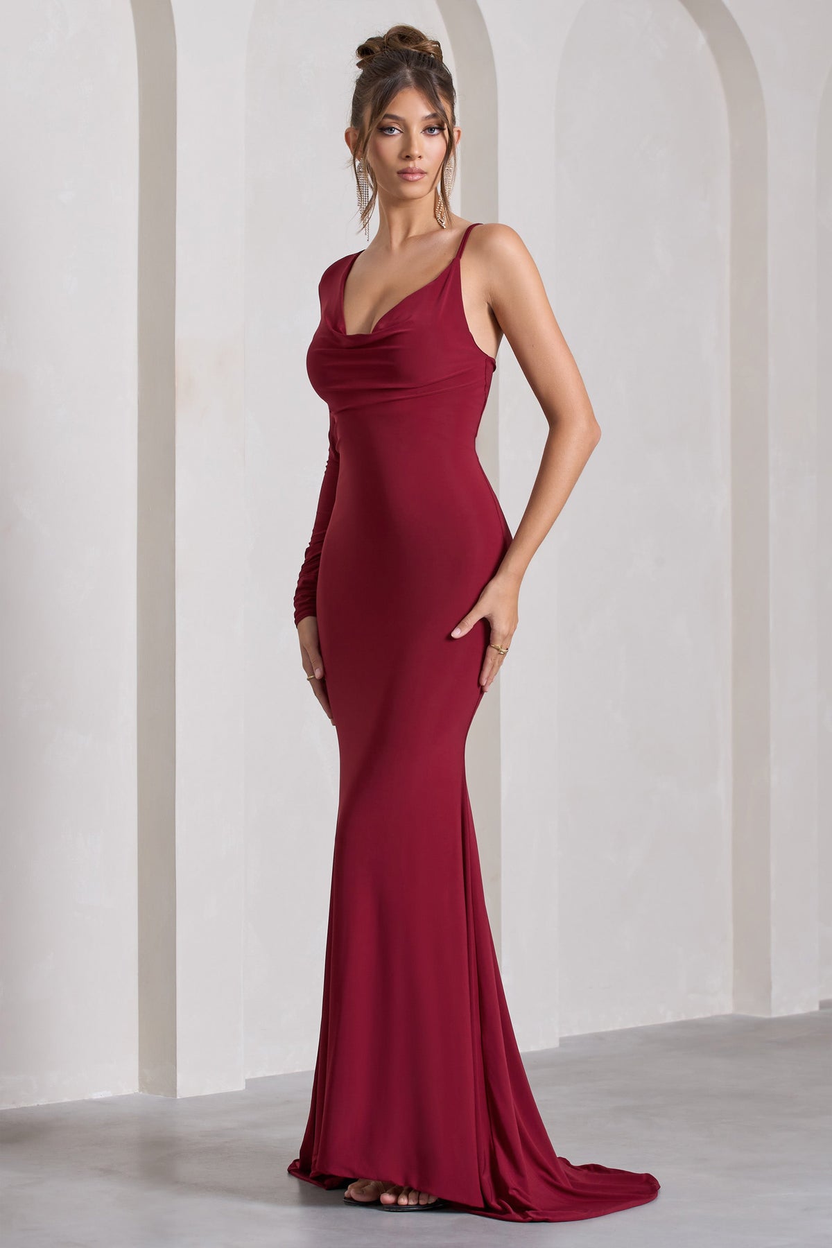 At Dusk | Berry Red One-Sleeved Cowl-Neck Fishtail Maxi Dress