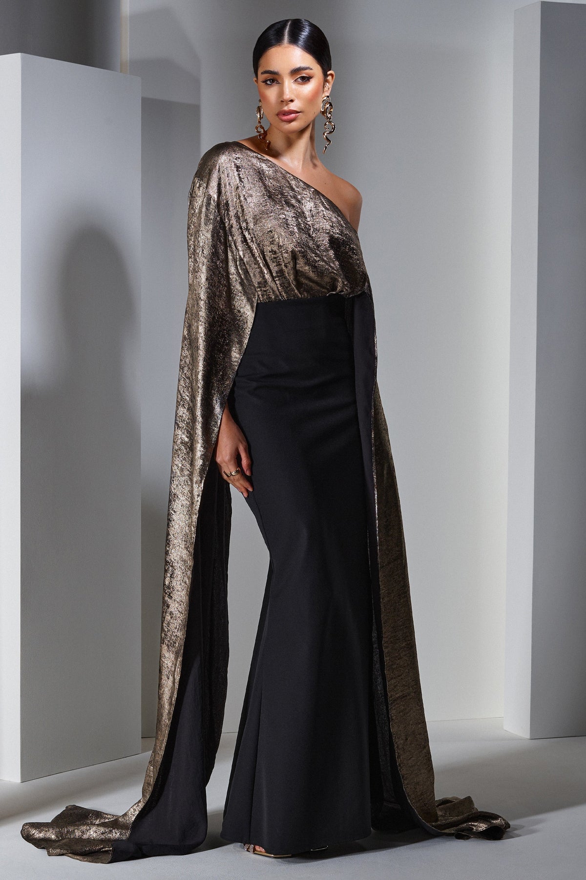 Alura | Black & Gold Metallic Asymmetric Cape Maxi Dress