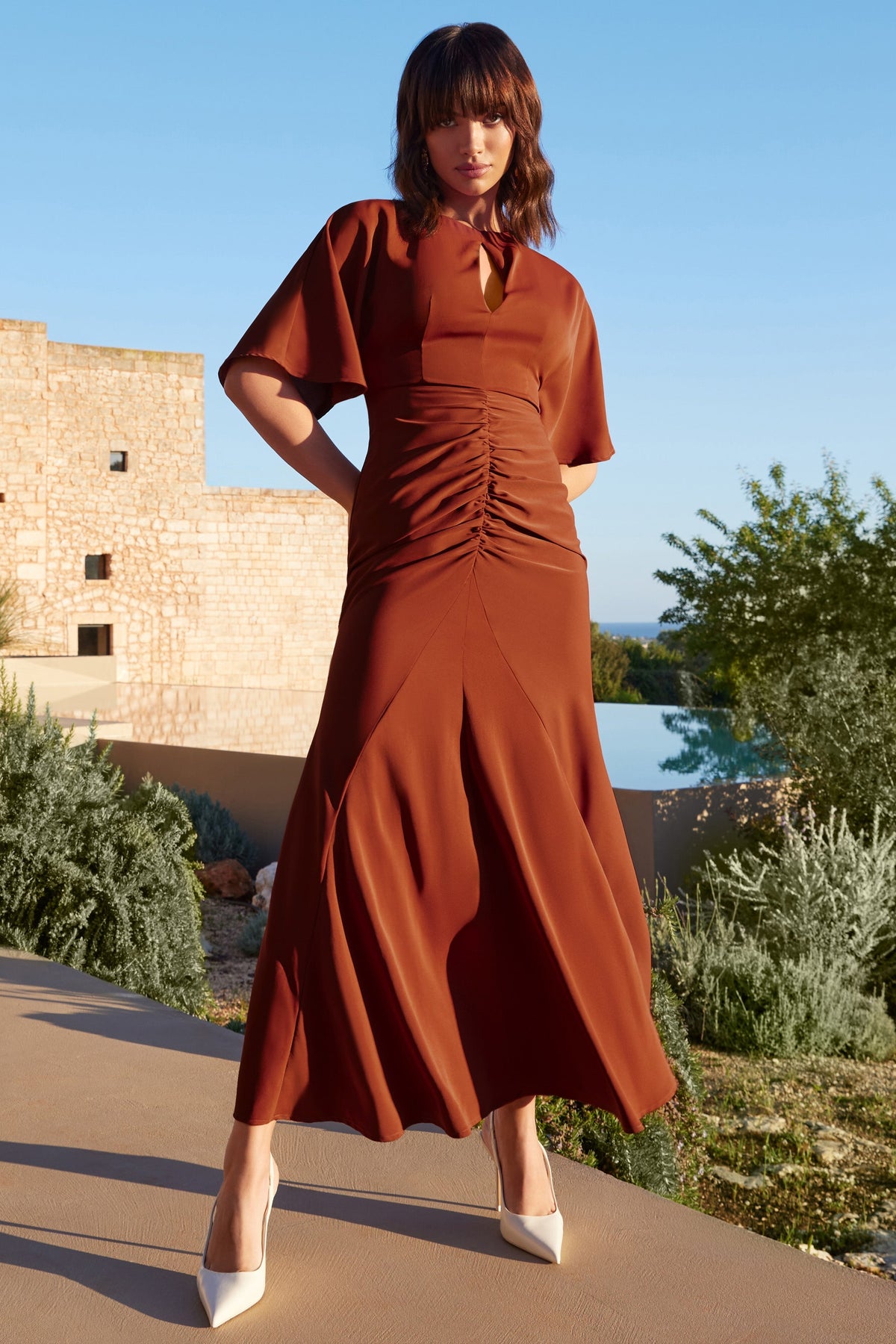 Elidy | Terracotta Ruched Flutter-Sleeve Cut-Out Maxi Dress