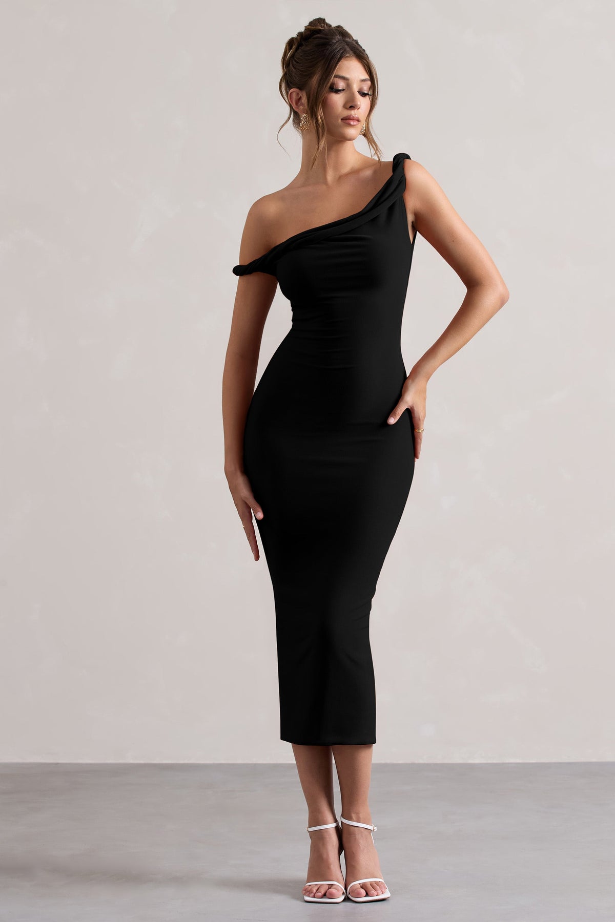 Salome Black Twisted Asymmetric Midi Dress – Club L London