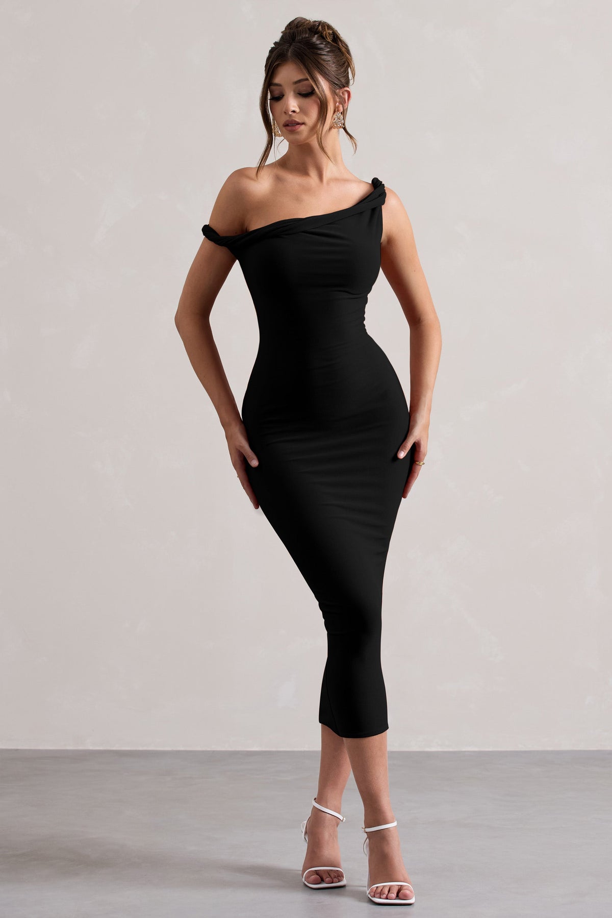 Salome | Black Twisted Asymmetric Midi Dress