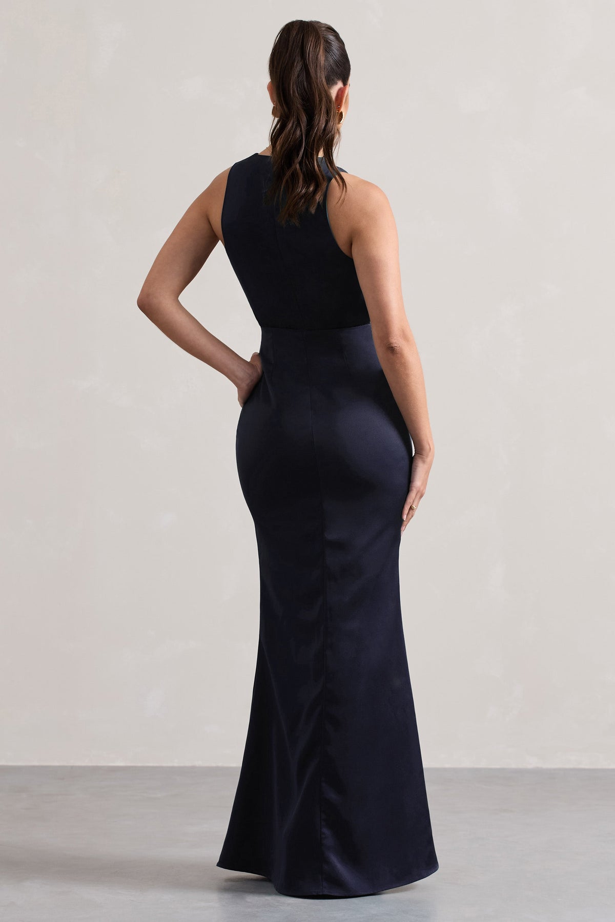 Tiffany | Navy Satin Plunge-Neck Maxi Dress