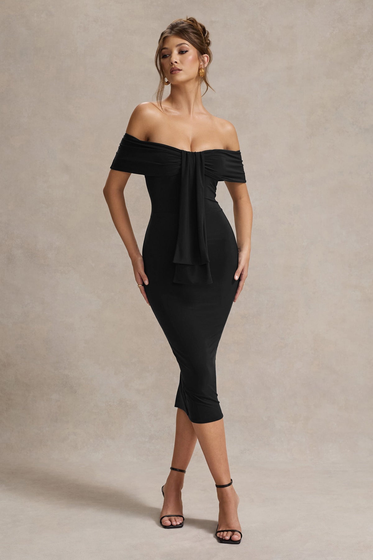 Selbie | Black Bardot Midi Dress With Drape