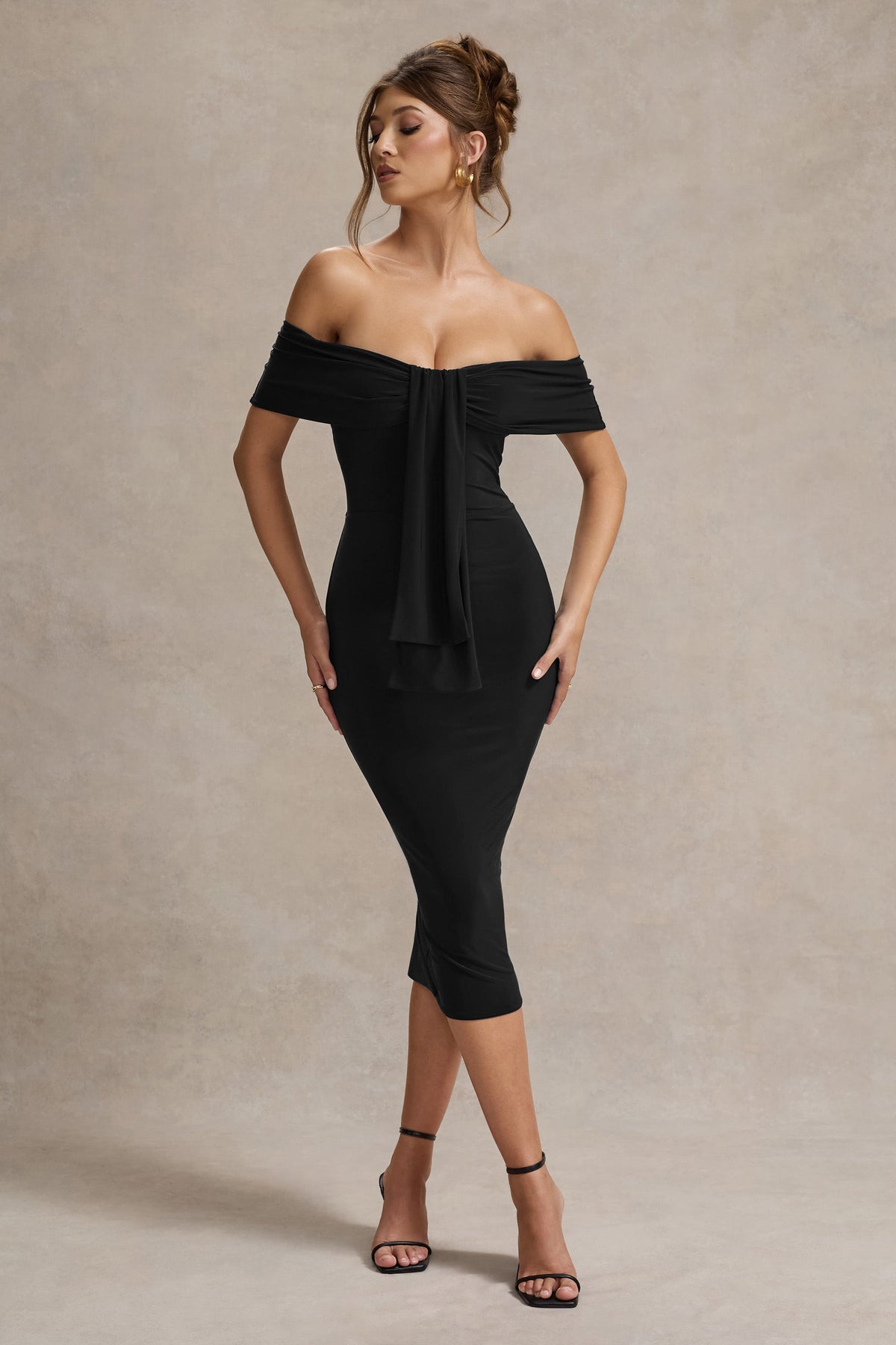 Selbie | Black Bardot Midi Dress With Drape