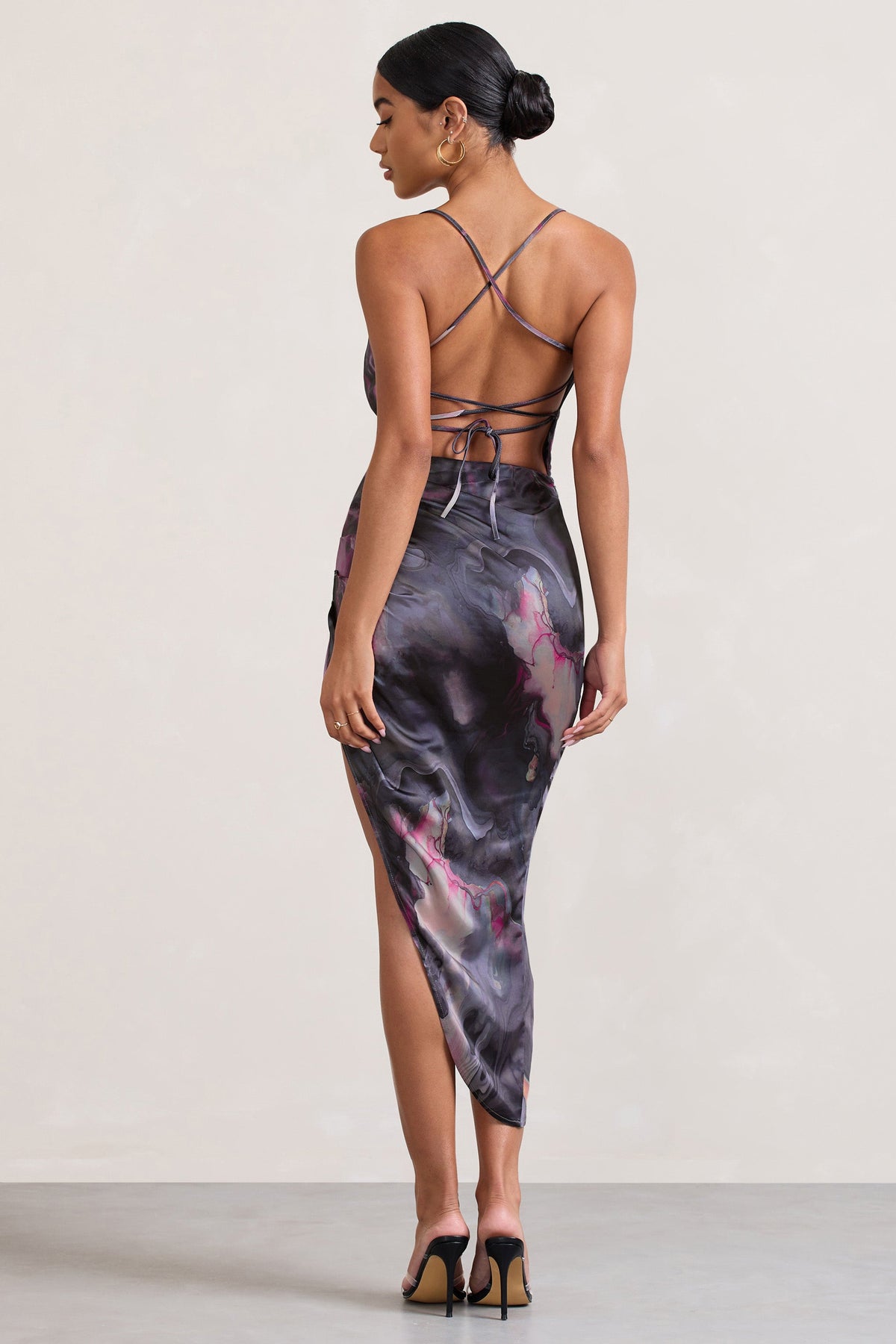 Risk It All | Marble Print Satin Cami Cowl Neck Asymmetric Hem Dress